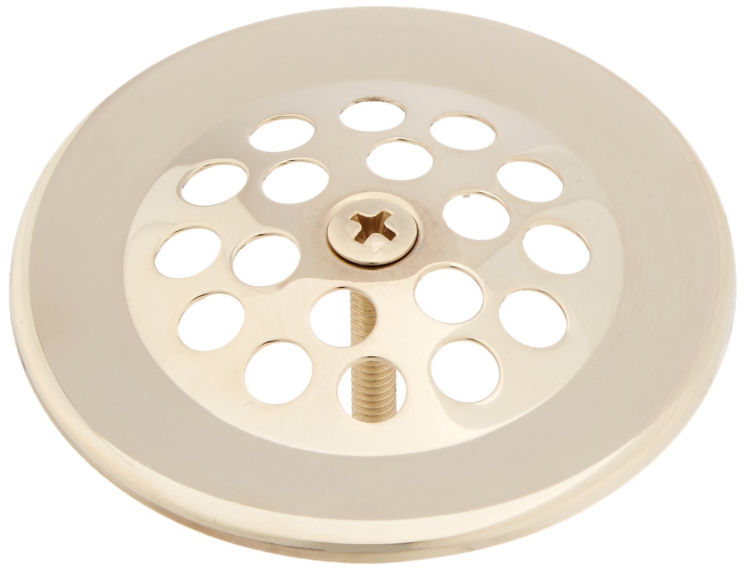 Polished nickel dome strainer with multiple drainage holes and brass screw insert in center.