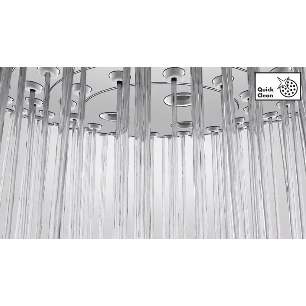 Brushed nickel handshower with multiple spray jets viewed from below, showing water streams and Quick Clean feature indicator