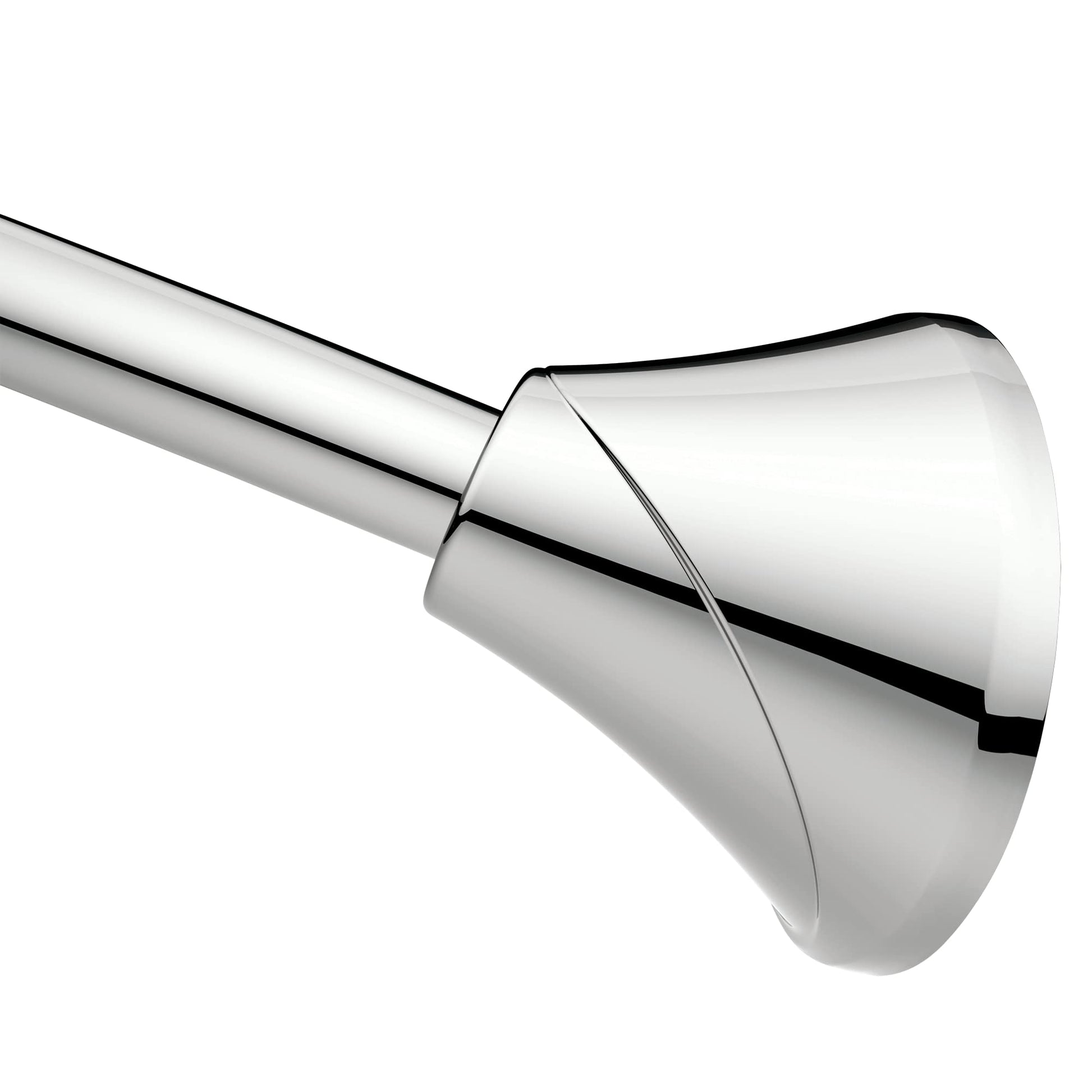 Chrome curved tension shower rod with conical end cap and adjustable mounting hardware.