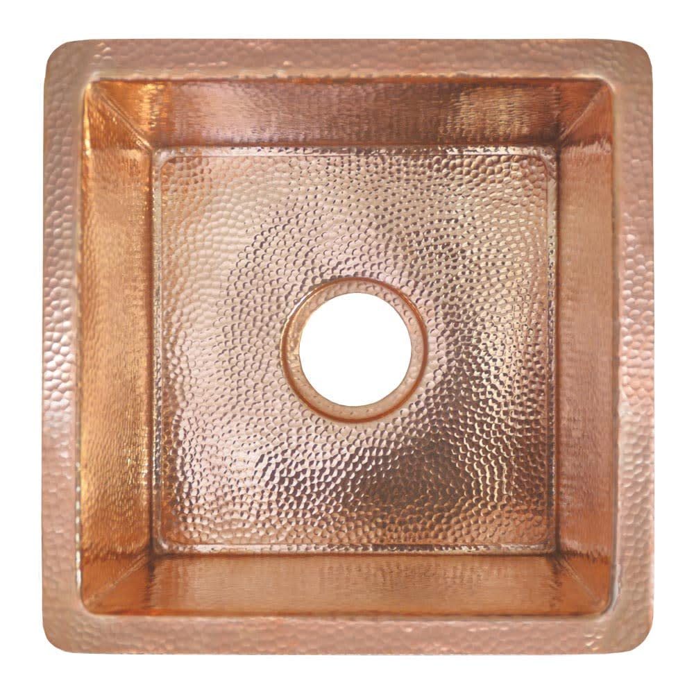 Polished copper square prep sink with hammered interior finish and single faucet hole, viewed from above.