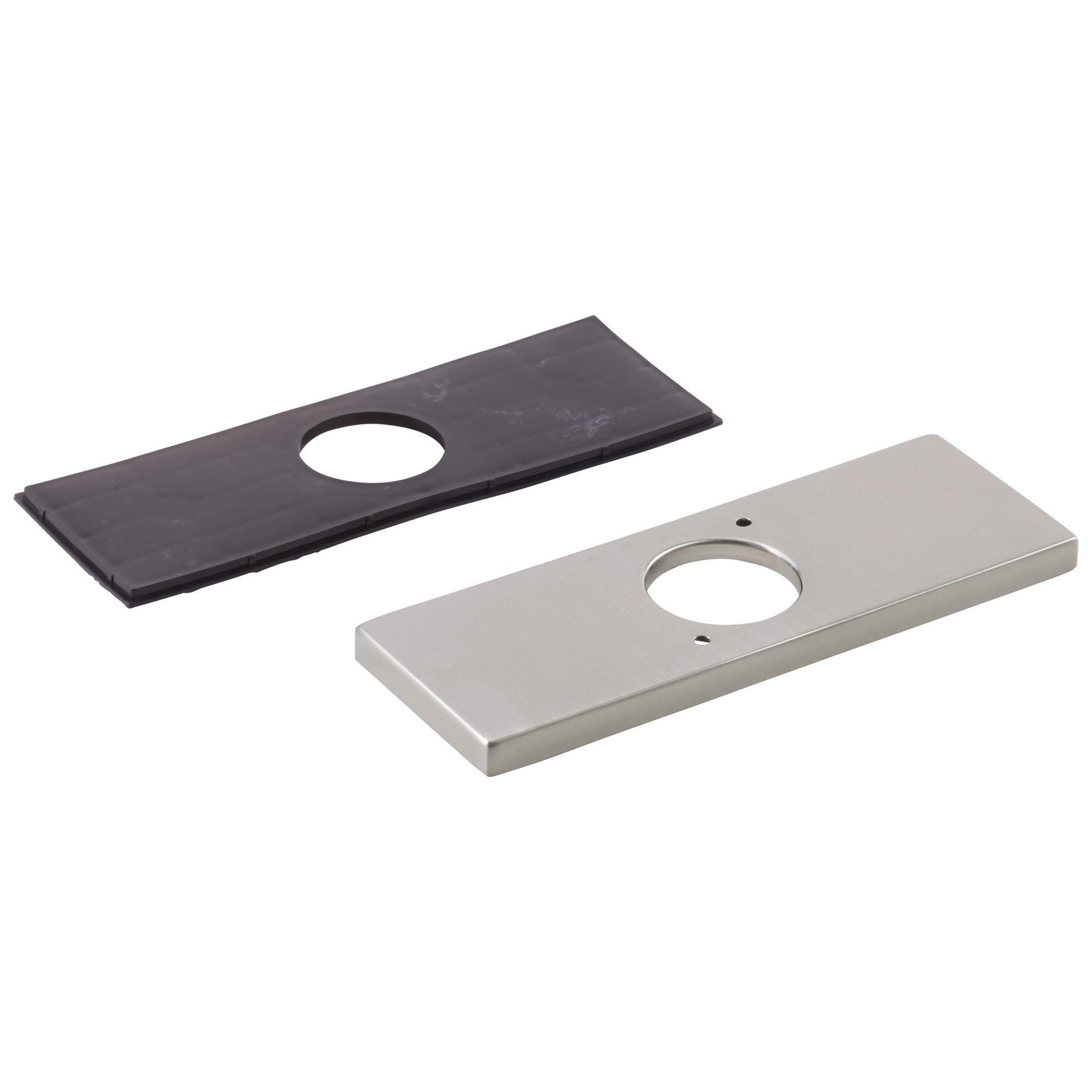 Stainless steel escutcheon plate with center hole and black rubber gasket for 3-hole faucet installation.