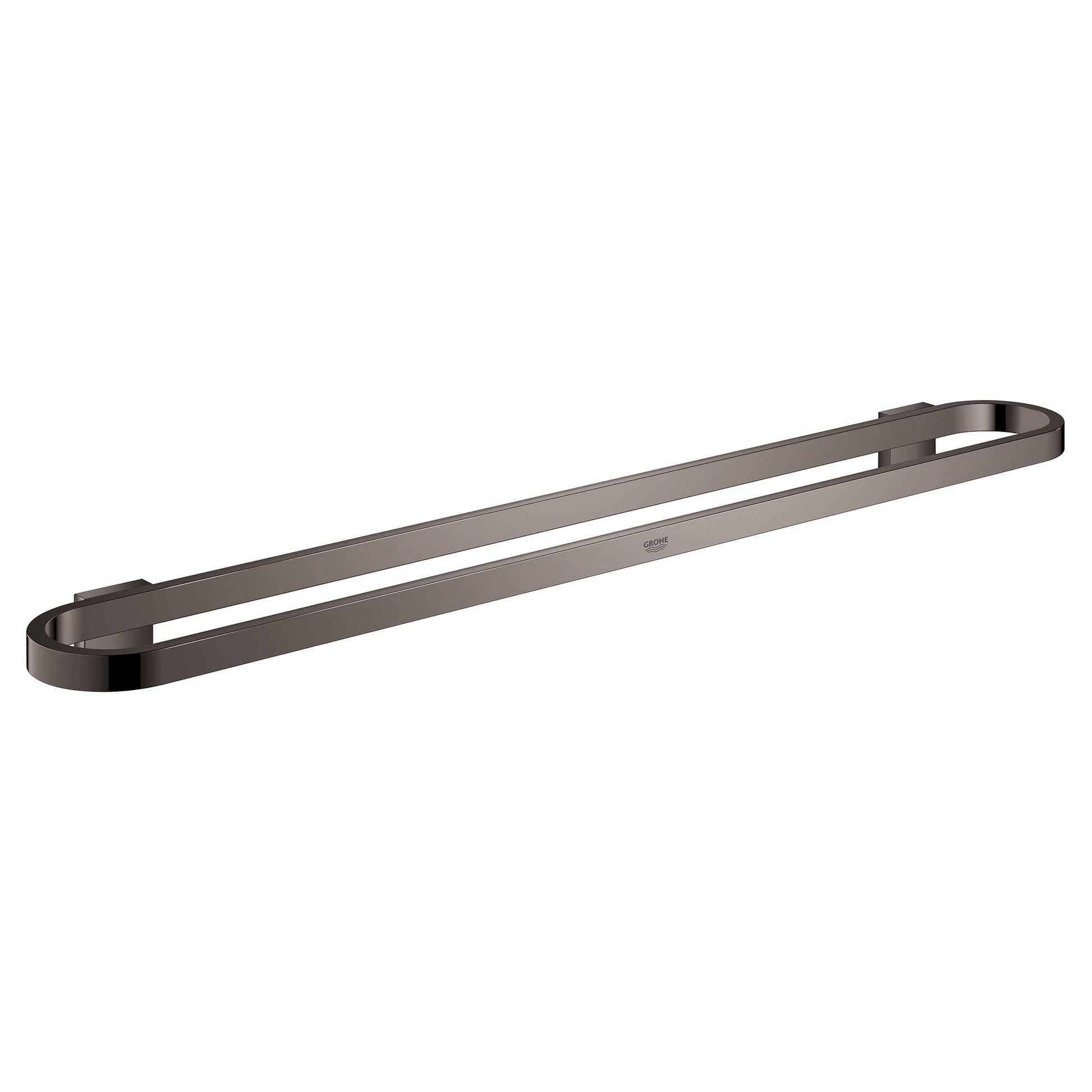 Dark gray metal towel bar with curved end supports and horizontal rail design.