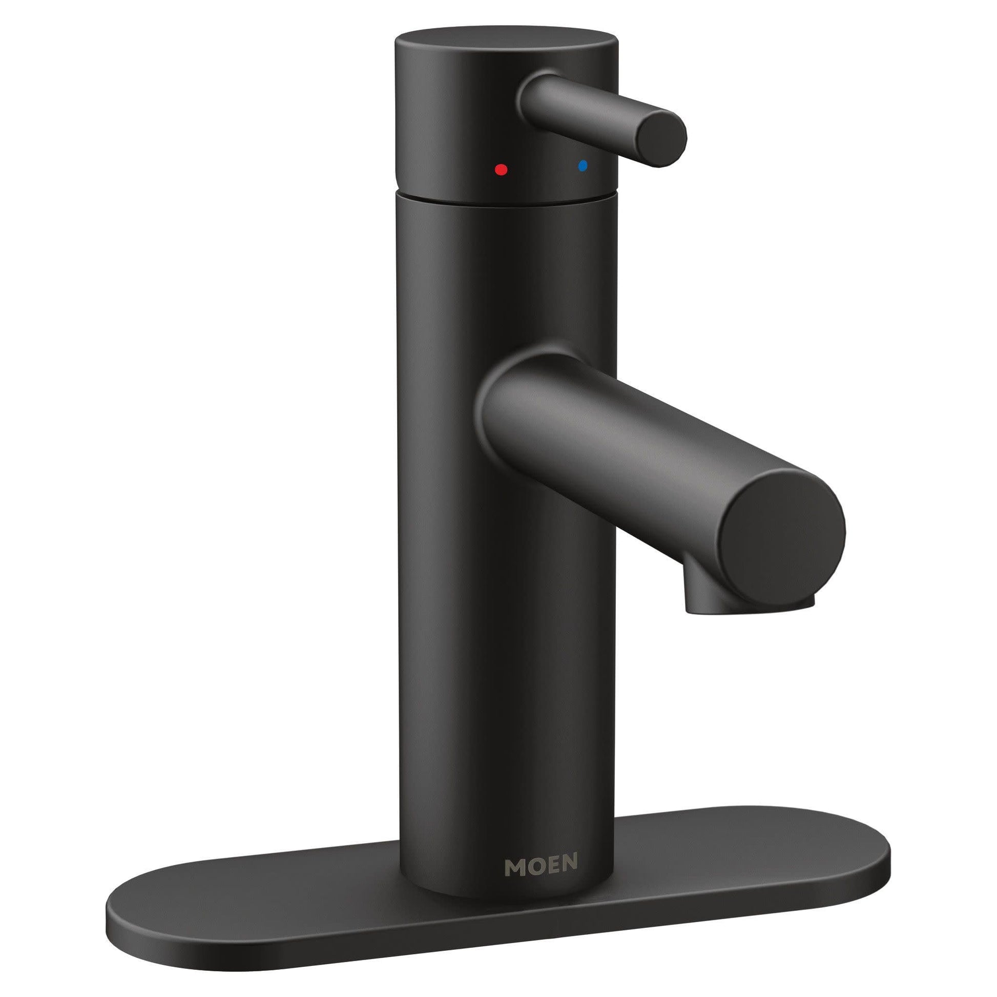 Matte black single-handle bathroom faucet with cylindrical body, angled spout, and oval deck plate base.