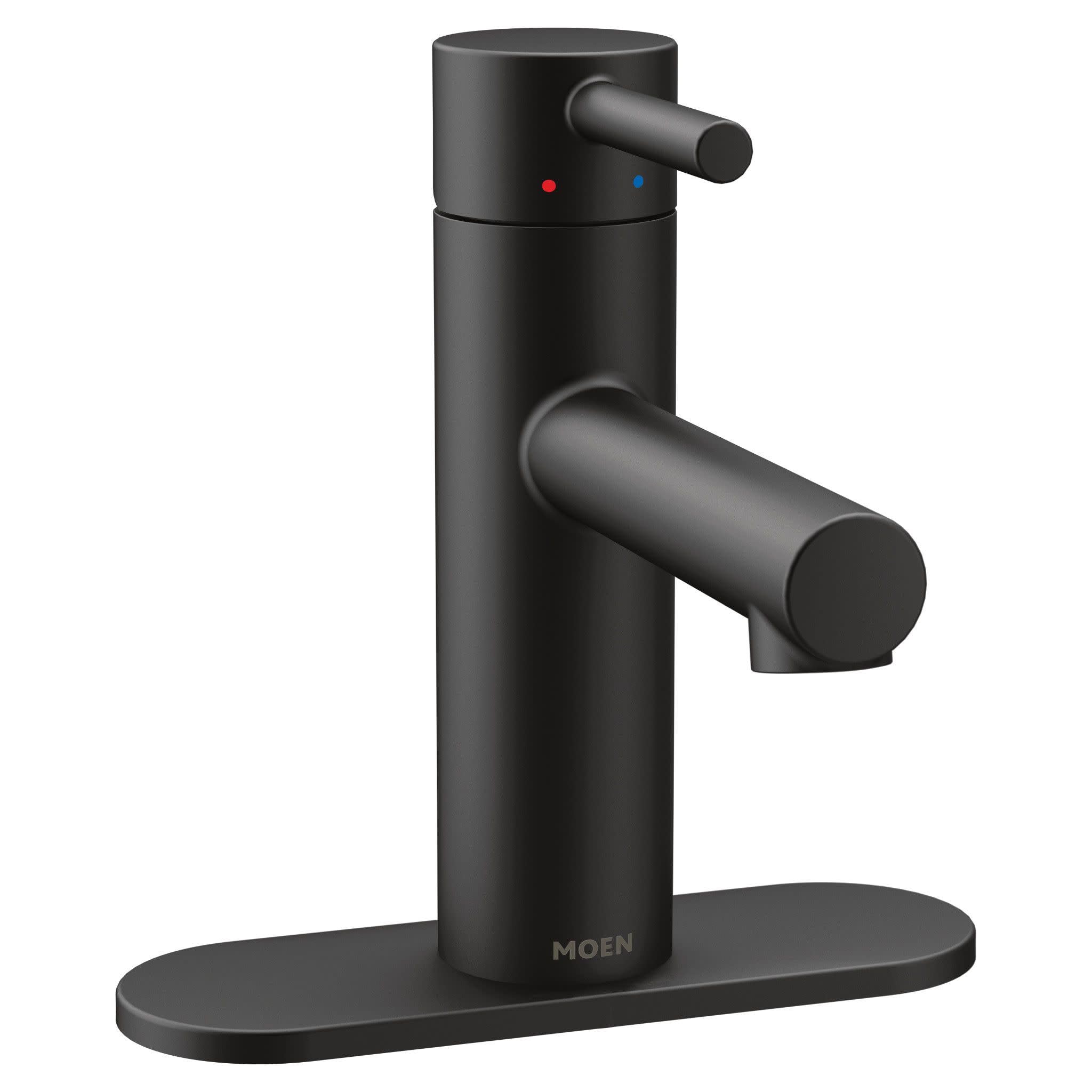 Matte black single-handle bathroom faucet with cylindrical body, angled spout, and oval deck plate base.