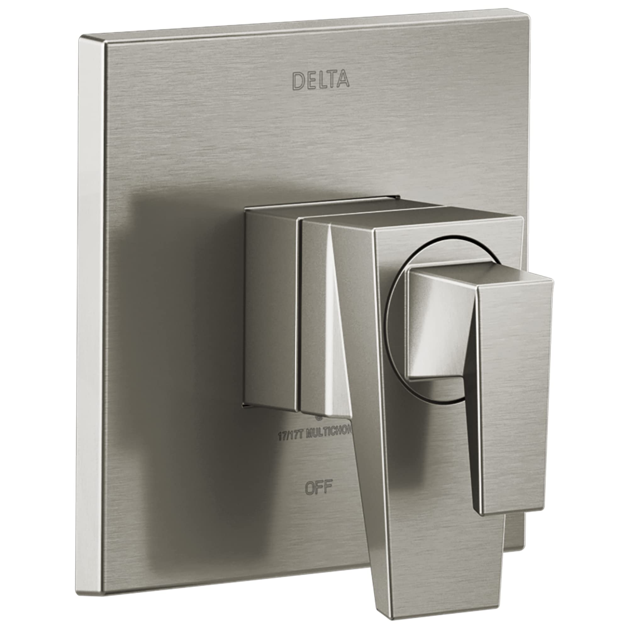 Brushed nickel Delta Trillian 17 Series valve trim with square plate, diverter lever, and rectangular handles.