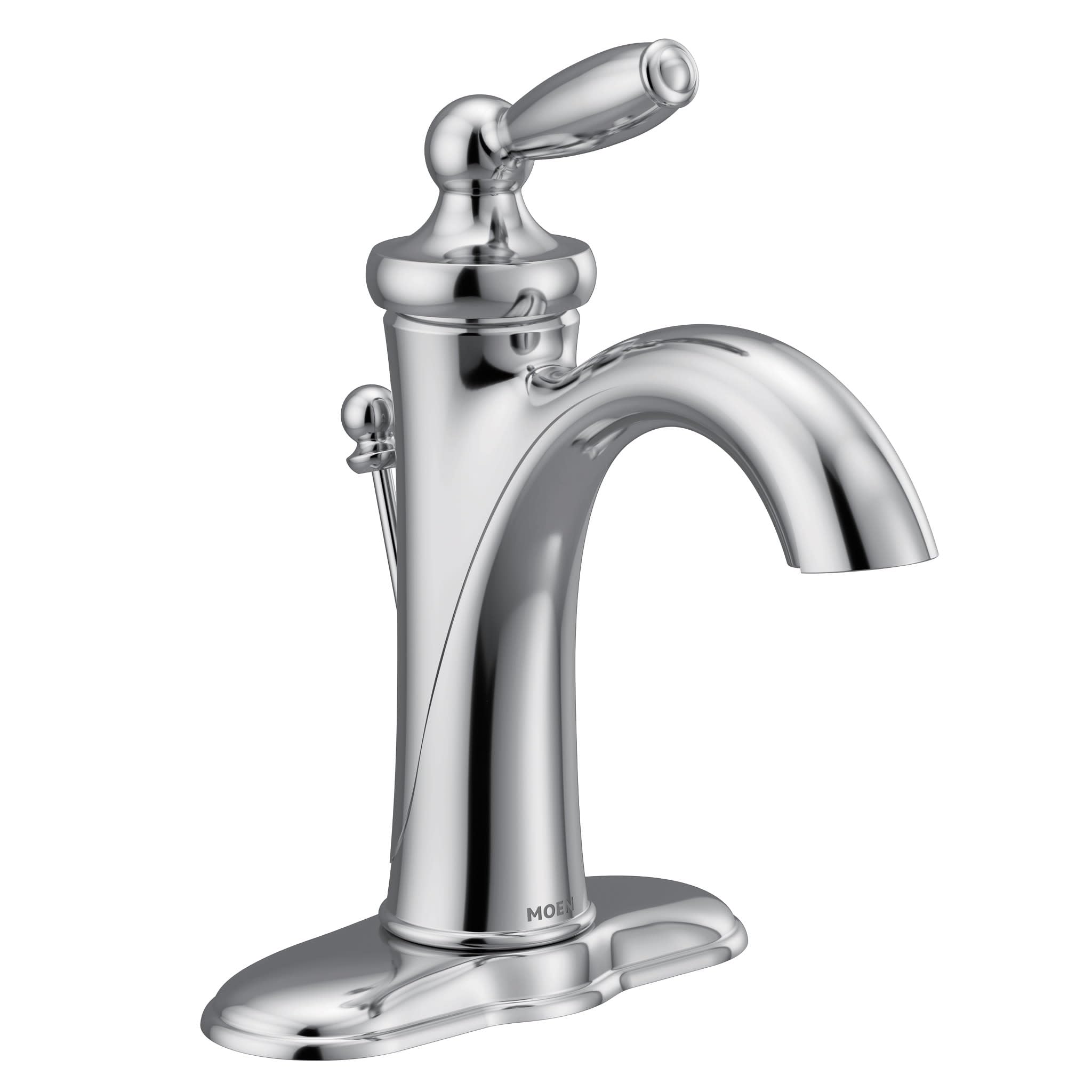 Chrome single-handle bathroom sink faucet with curved spout and lever handle on oval base.