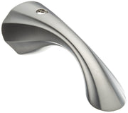 Stainless steel lever handle with curved design and mounting hole, shown from side angle.