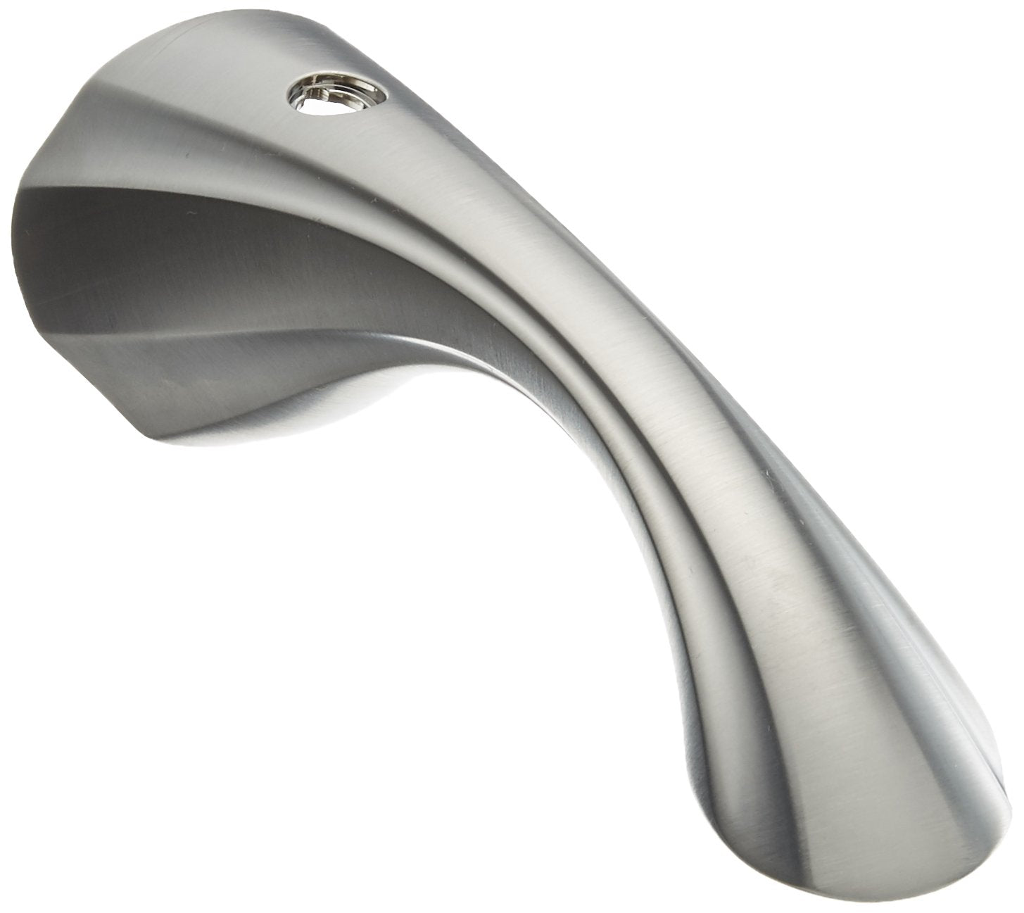 Stainless steel lever handle with curved design and mounting hole, shown from side angle.