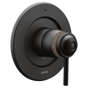 Matte black thermostatic shower valve trim with round escutcheon plate and lever handle control.