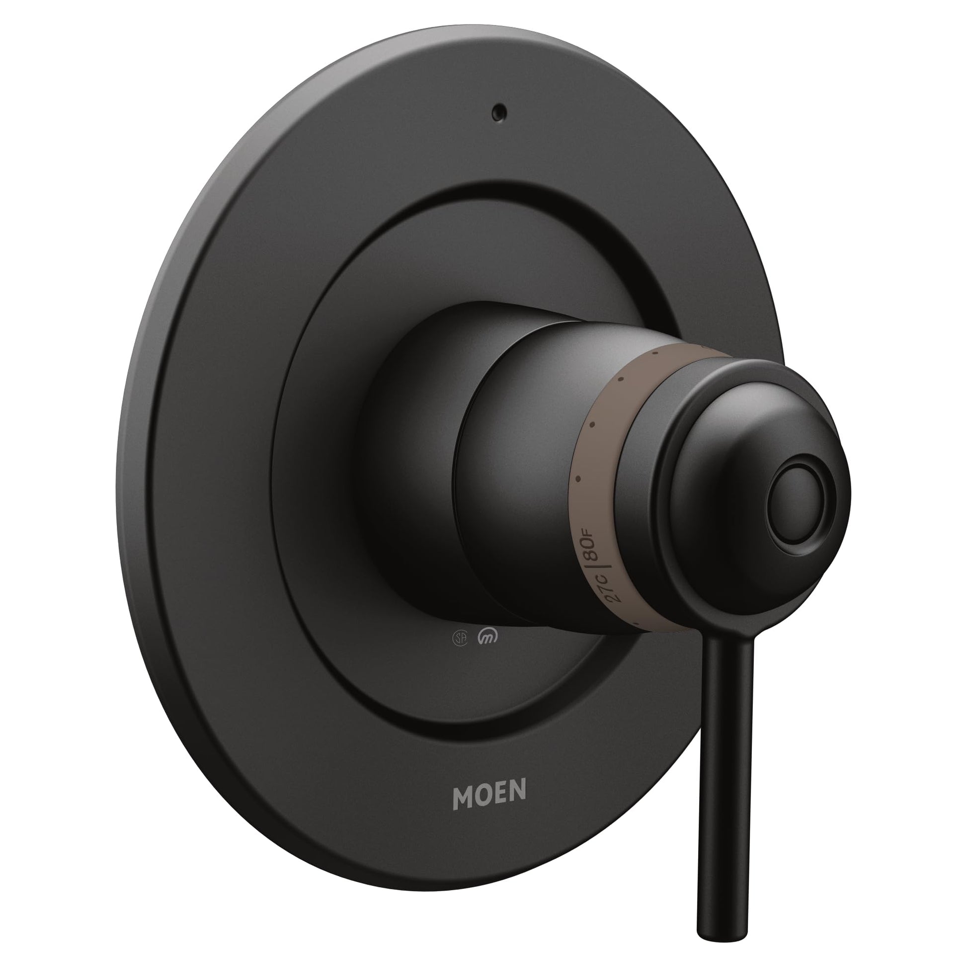 Matte black thermostatic shower valve trim with round escutcheon plate and lever handle control.