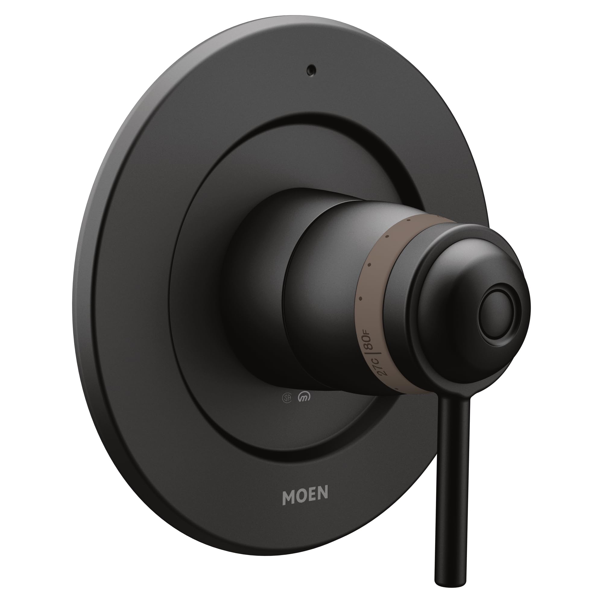 Matte black thermostatic shower valve trim with round escutcheon plate and lever handle control.