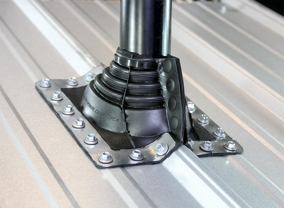 Black metal roof flashing with metal base plate and accordion-style pipe collar on corrugated metal roof.