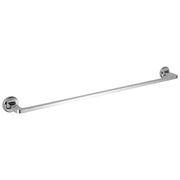 Chrome finish towel bar with round wall-mounted brackets on each end.