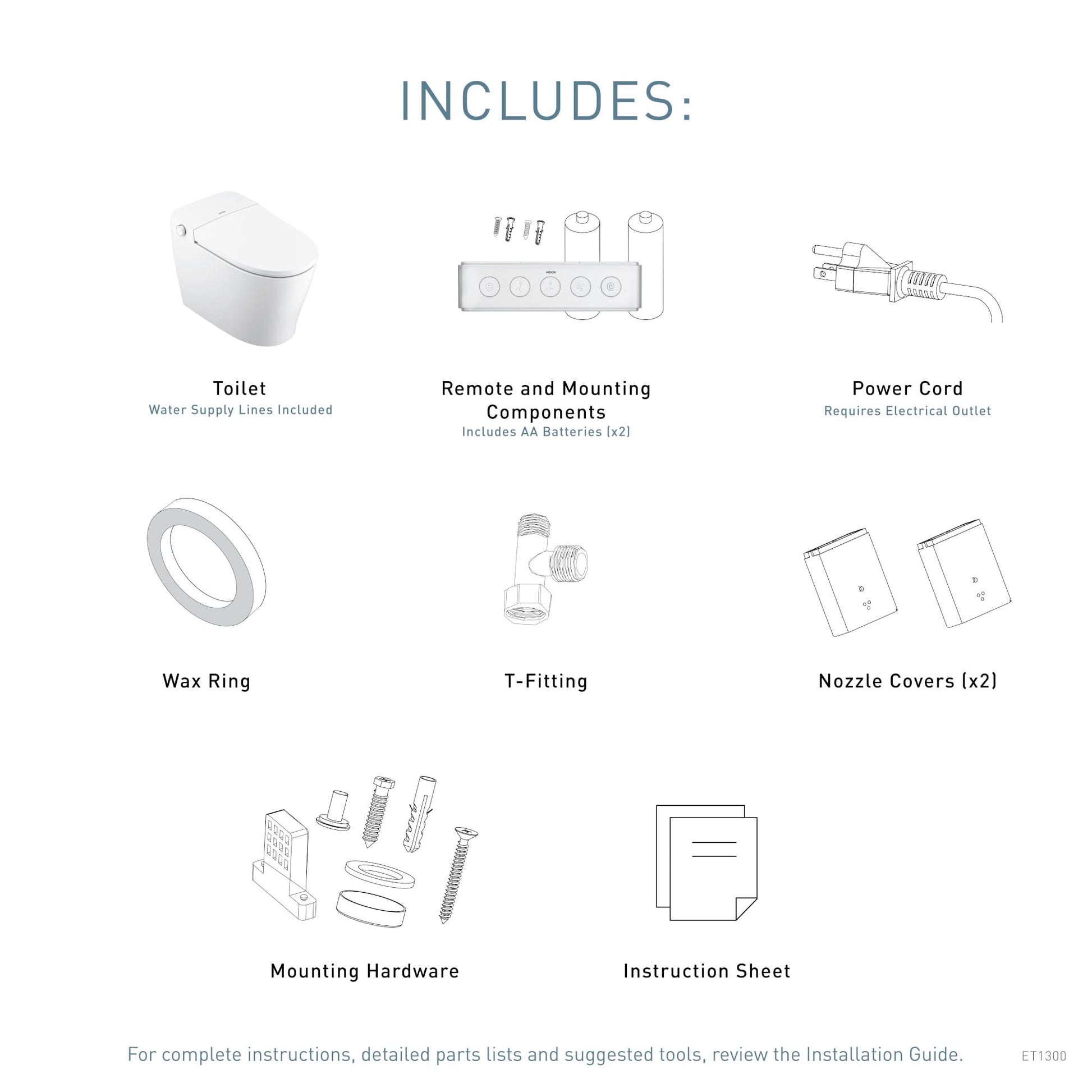 White elongated bidet toilet with remote control, power cord, wax ring, T-fitting, nozzle covers, and mounting hardware inclu