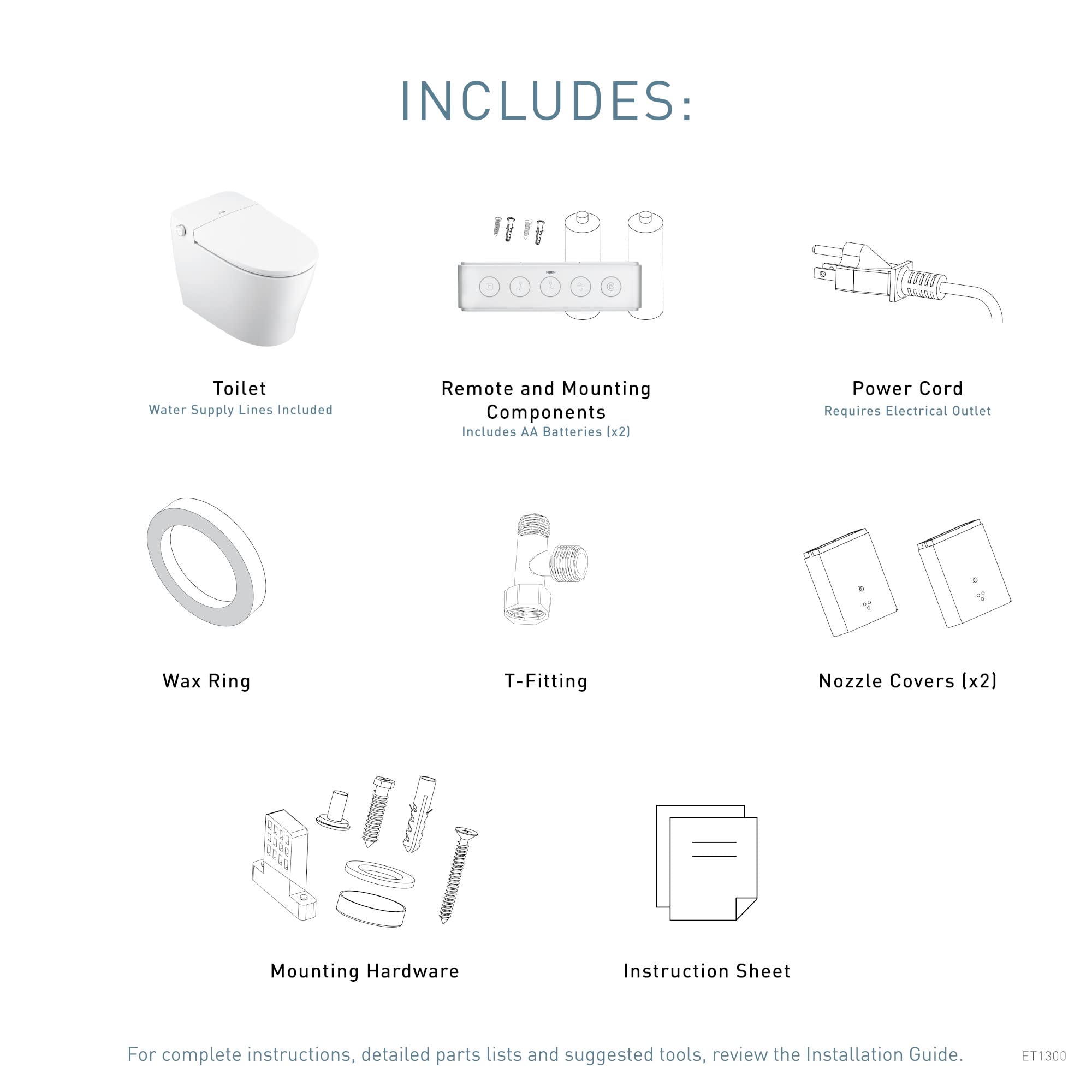 White elongated bidet toilet with remote control, power cord, wax ring, T-fitting, nozzle covers, and mounting hardware inclu