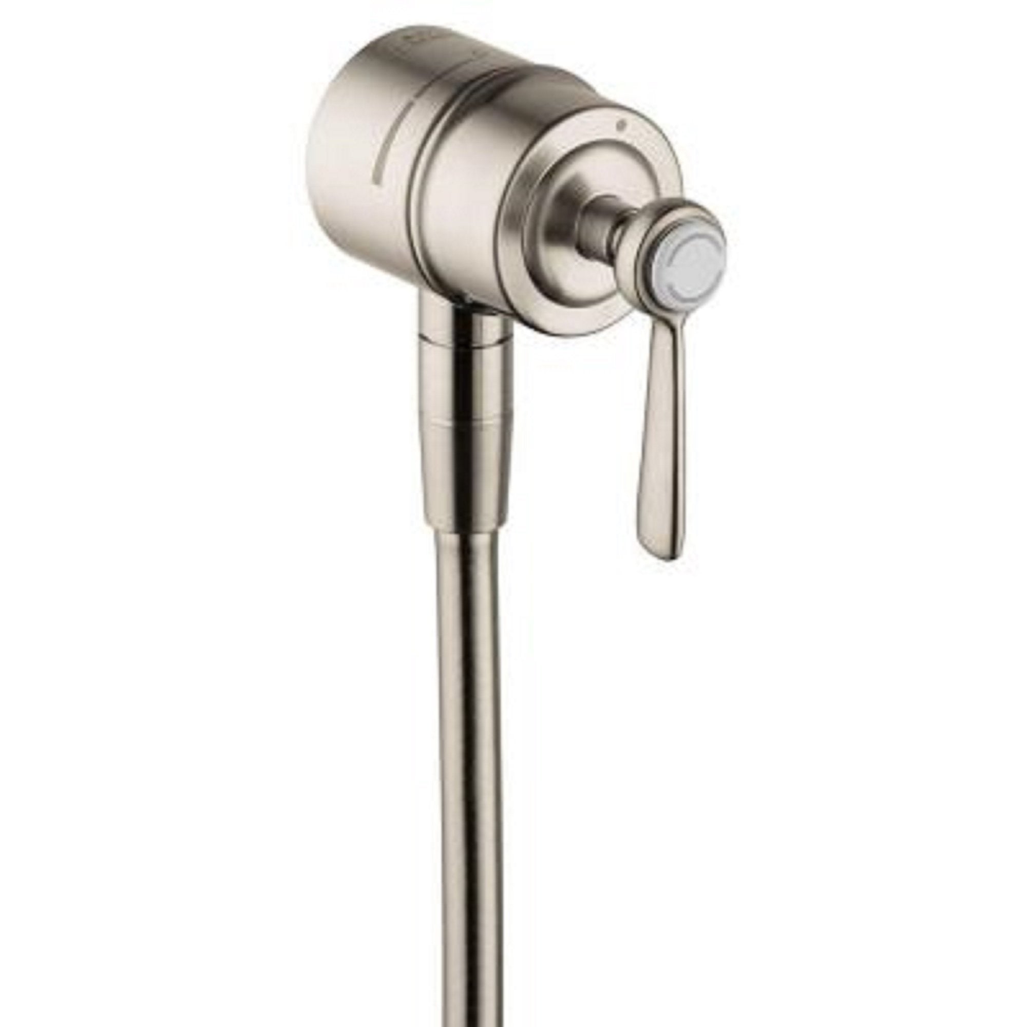 Brushed nickel wall-mounted water outlet with lever handle and cylindrical body housing control mechanisms.