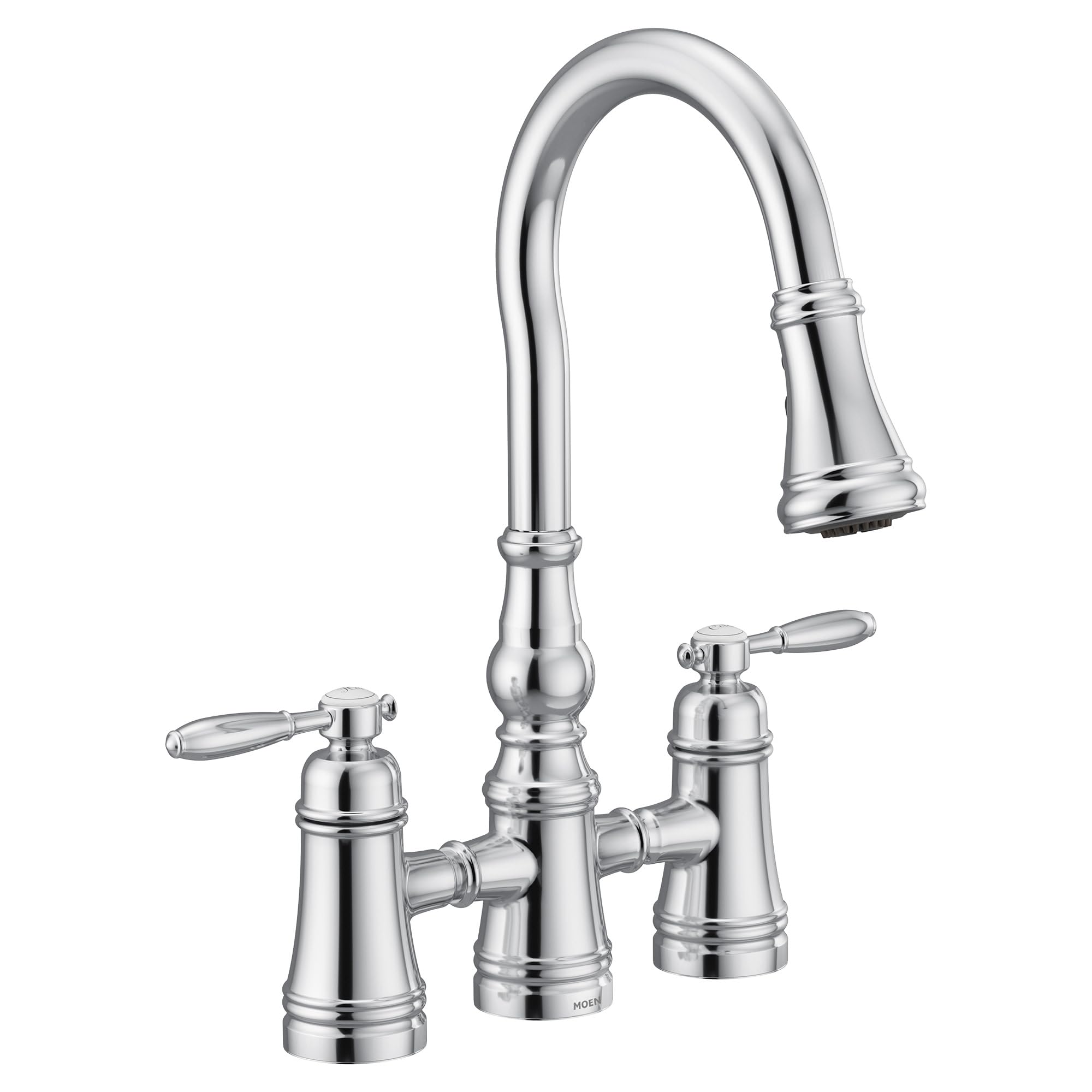 Chrome bridge kitchen faucet with two lever handles and pull-down spout.