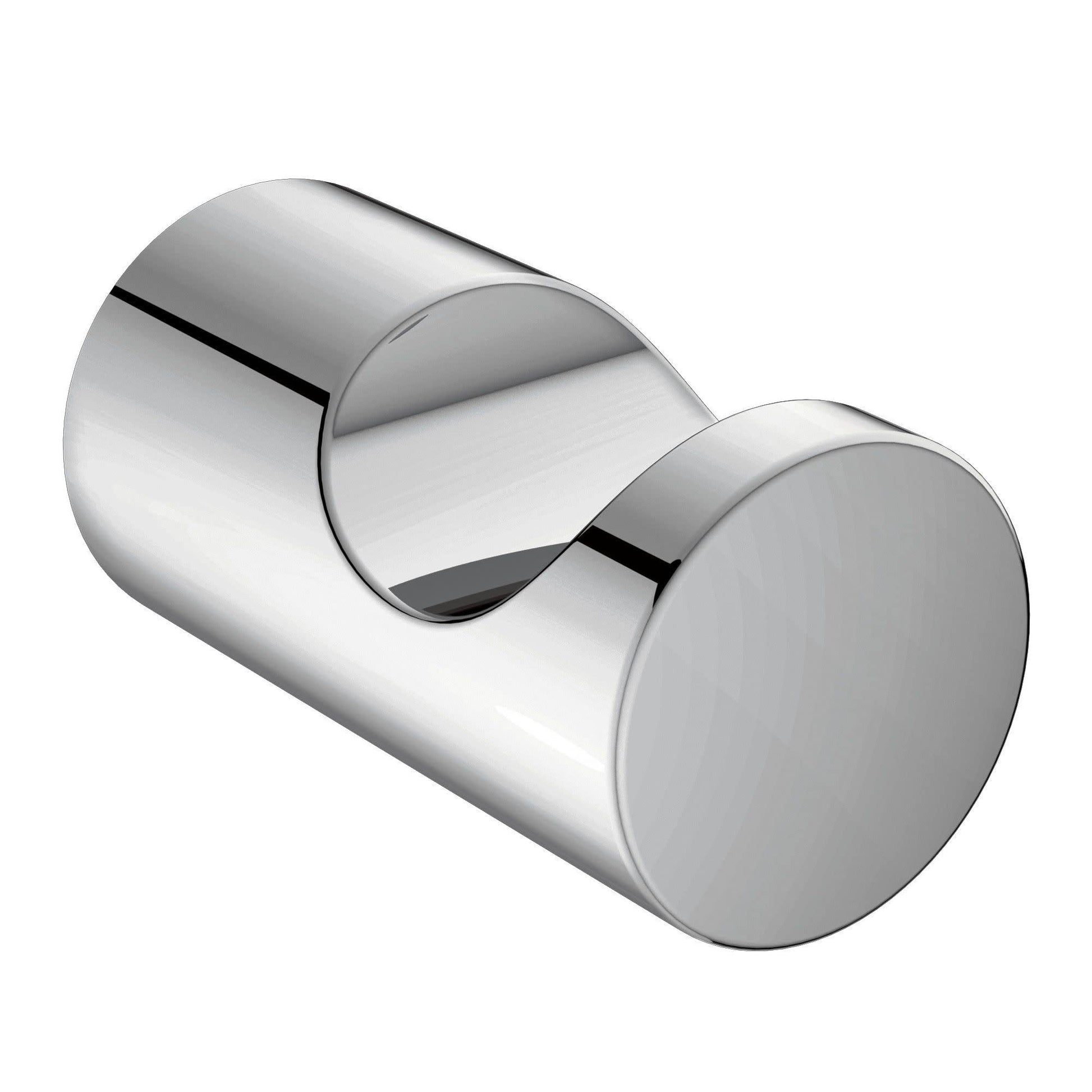 Chrome robe hook with cylindrical body and curved hook detail, shown at an angle against white background.