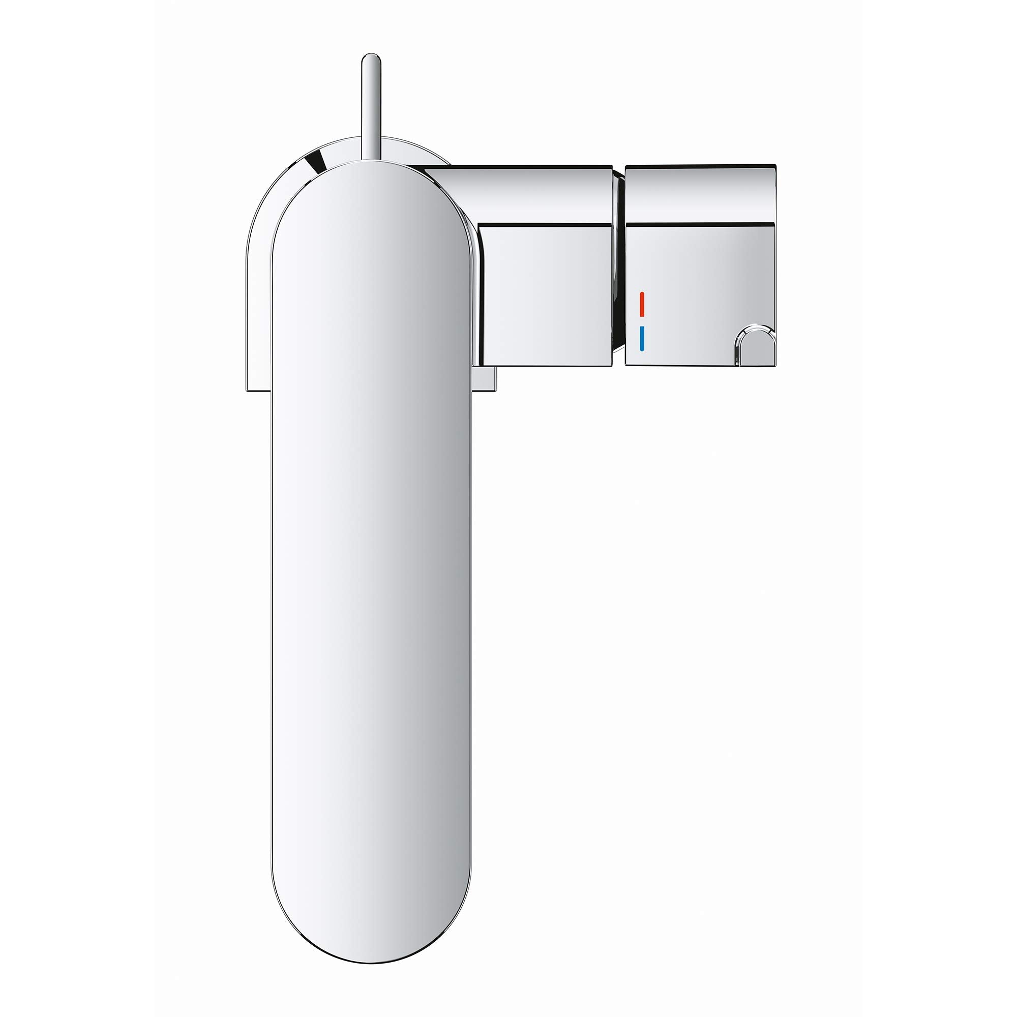 Chrome single-handle bathroom faucet with rounded spout and lever control marked with red and blue temperature indicators.