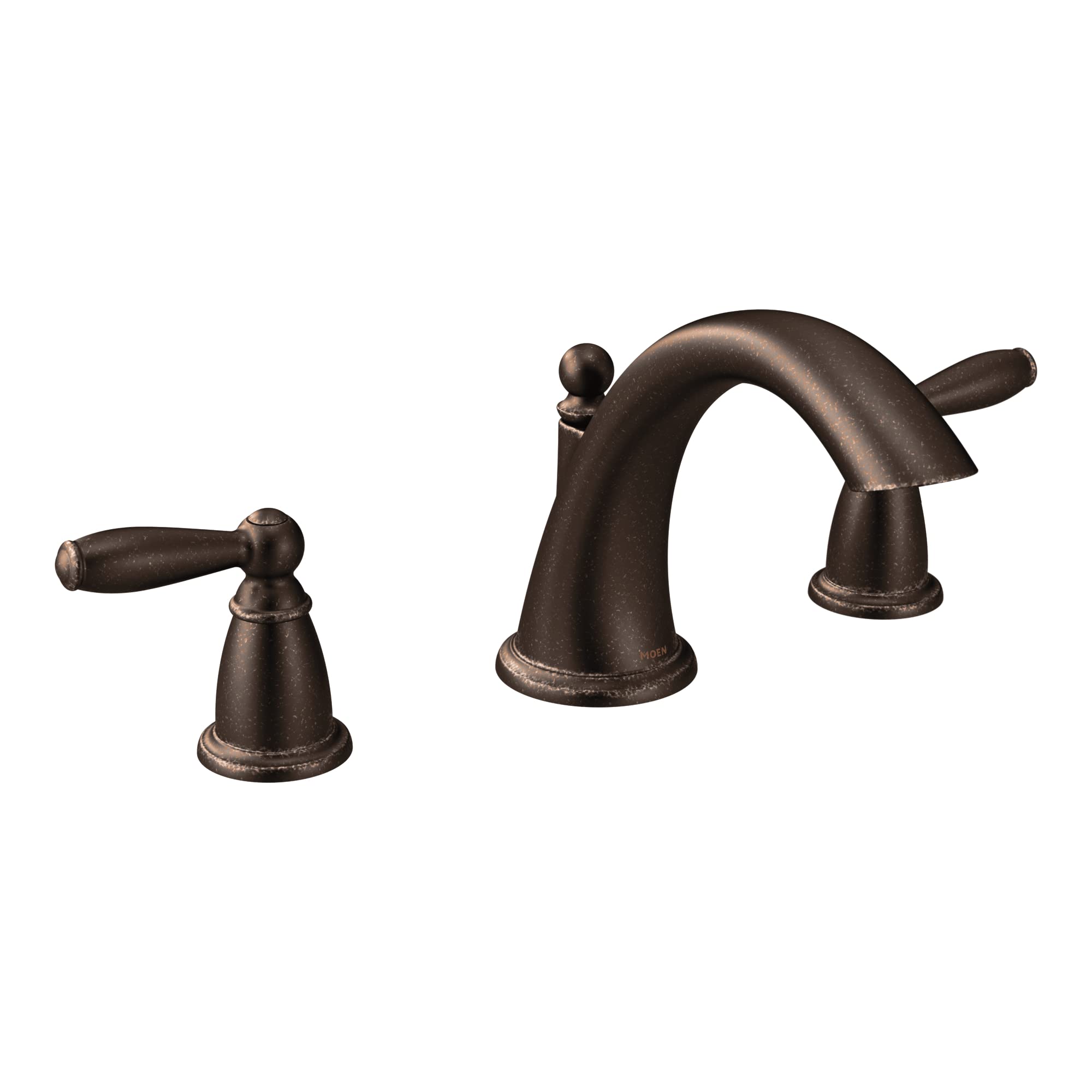 Oil rubbed bronze two-handle deck mount Roman tub faucet with curved spout and lever handles.