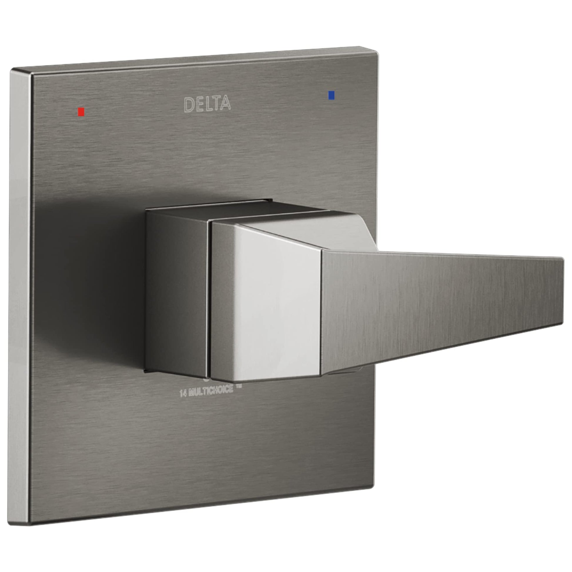 Brushed stainless steel Delta valve trim with square backplate, geometric lever handle, and red and blue indicator dots.