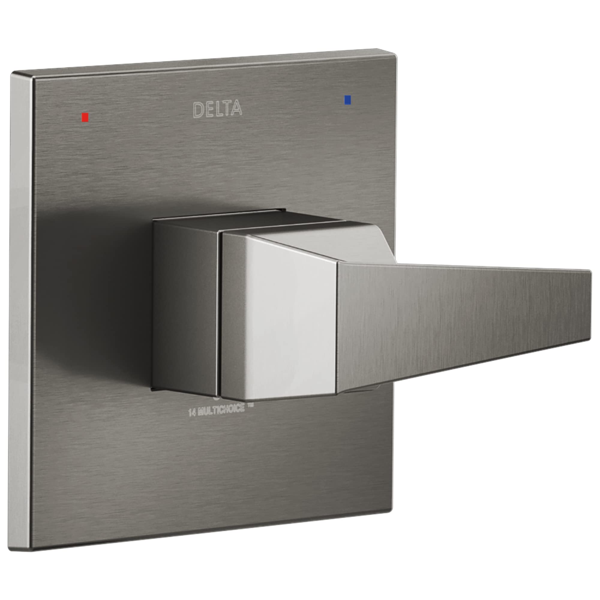 Brushed stainless steel Delta valve trim with square backplate, geometric lever handle, and red and blue indicator dots.