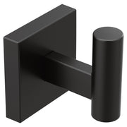 Black wall-mount robe hook with rectangular backing plate and cylindrical hook extending from horizontal bar.