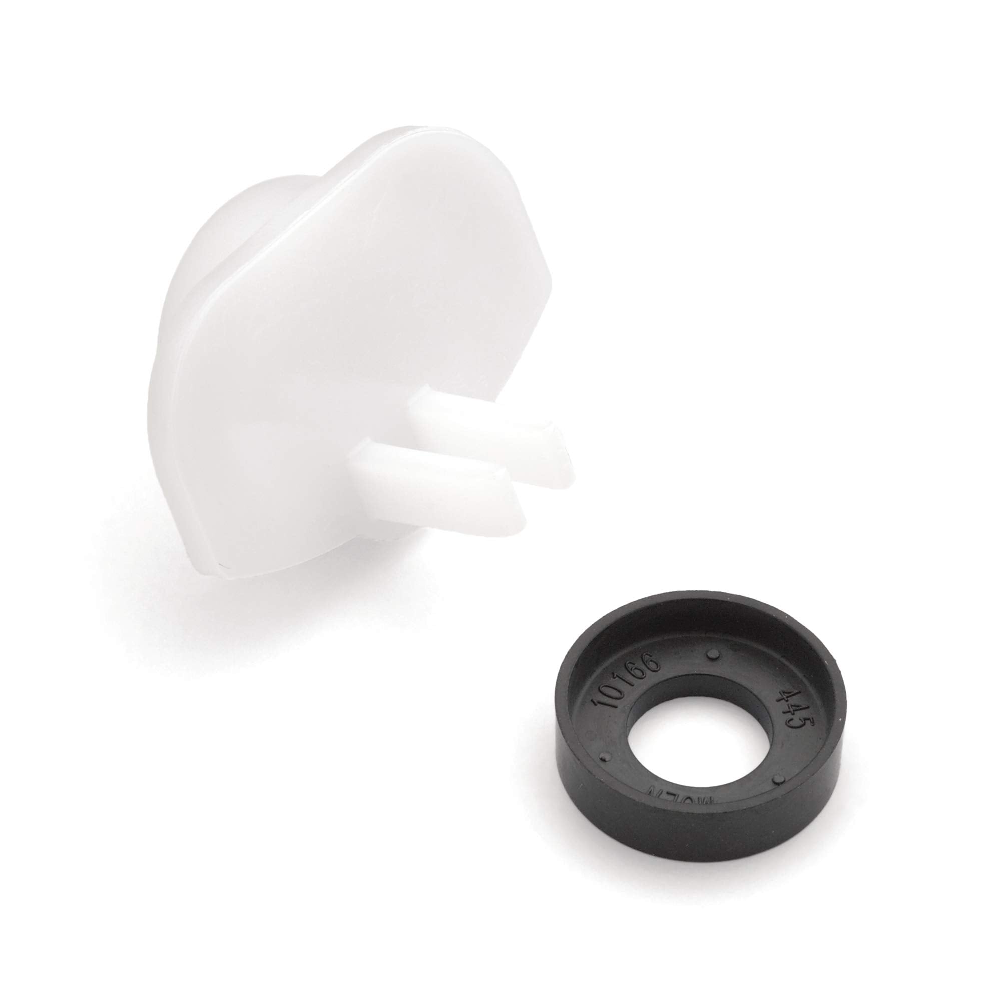 White plastic diverter cup with two outlets and black rubber seal ring marked with numbers.