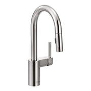 Chrome bar faucet with single handle, high arching spout, and retractable pulldown spray head.