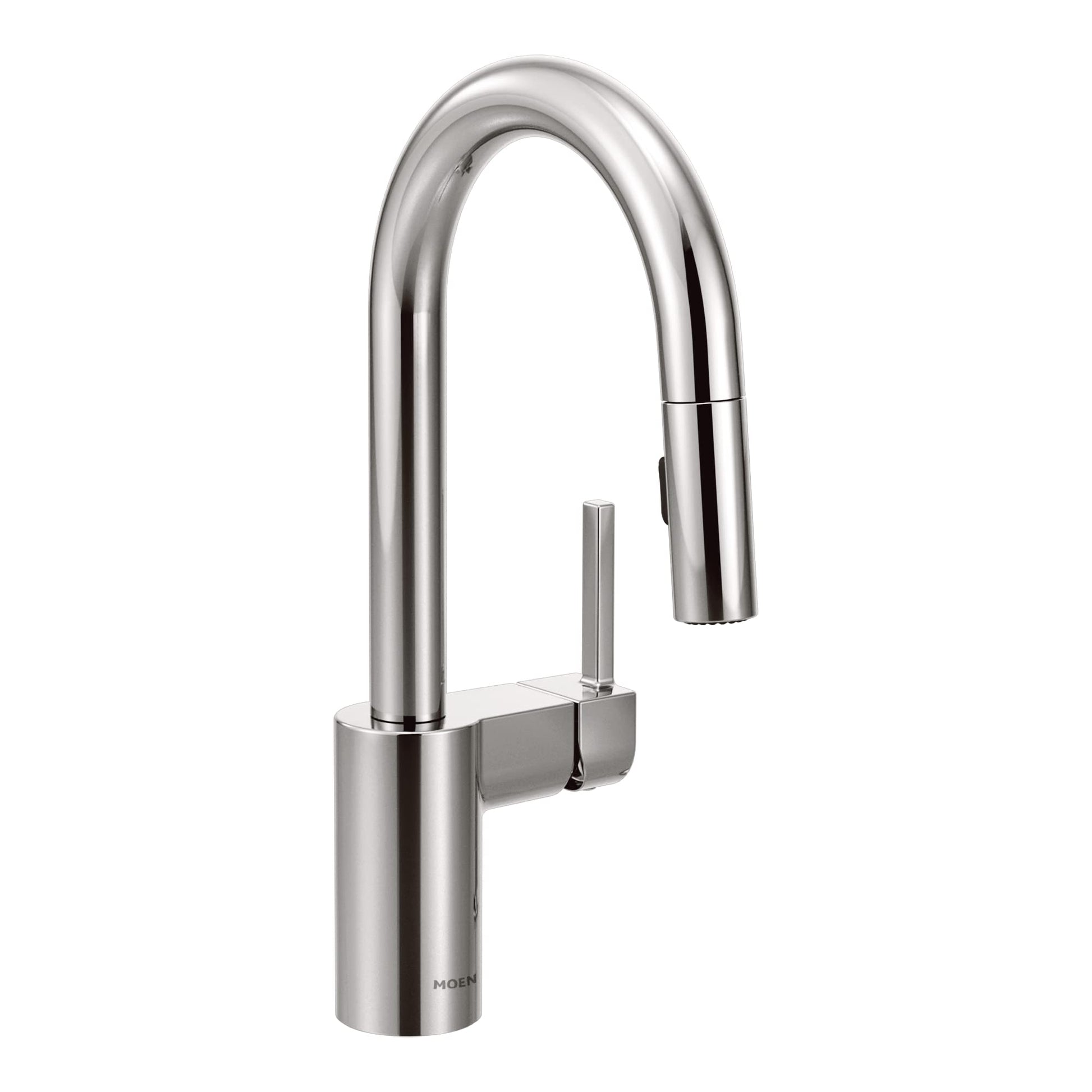 Chrome bar faucet with single handle, high arching spout, and retractable pulldown spray head.