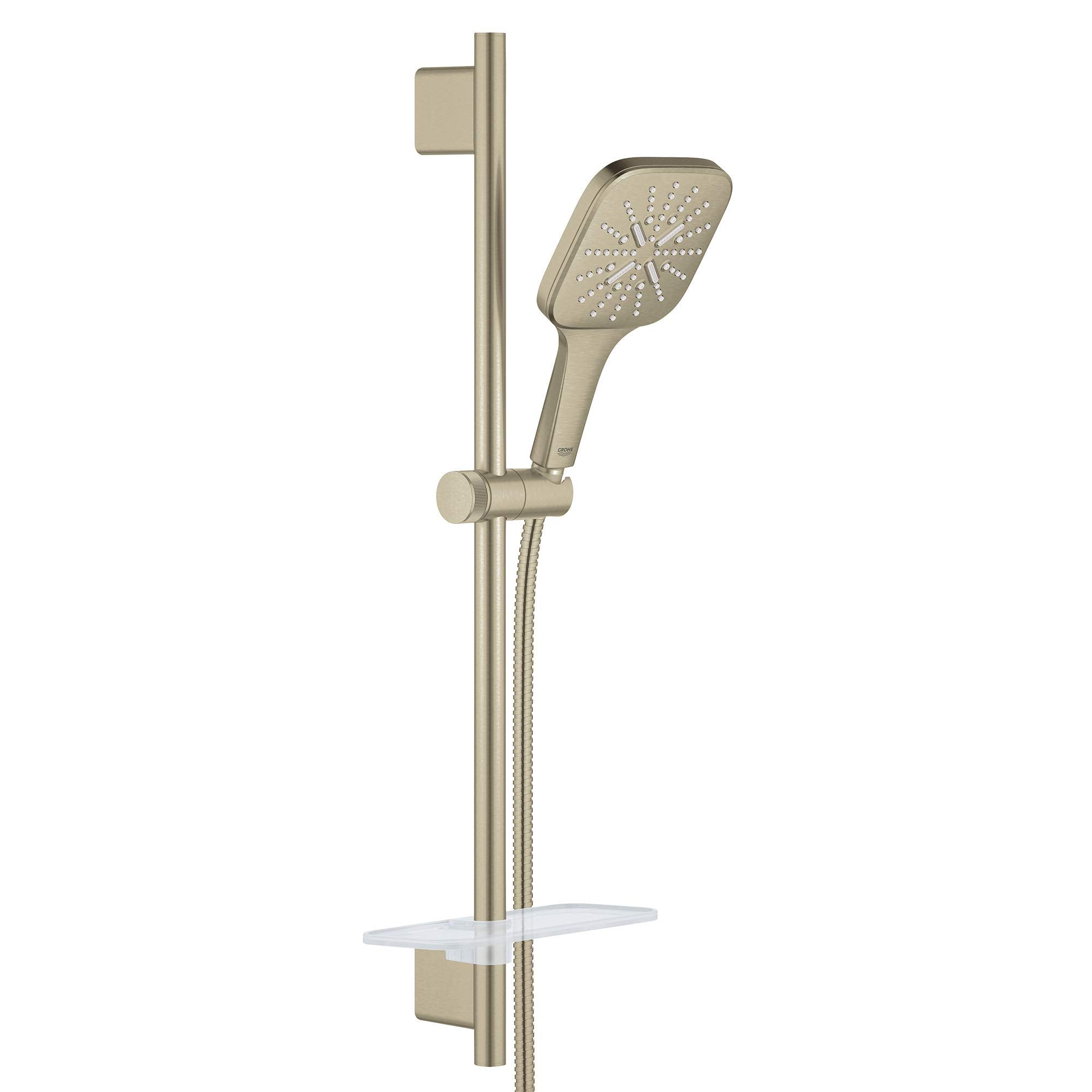 Brushed nickel shower slide bar kit with handheld showerhead, vertical rail, adjustable holder, and white shelf.