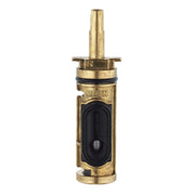 Brass faucet cartridge with black rubber seal and two mounting tabs on top.