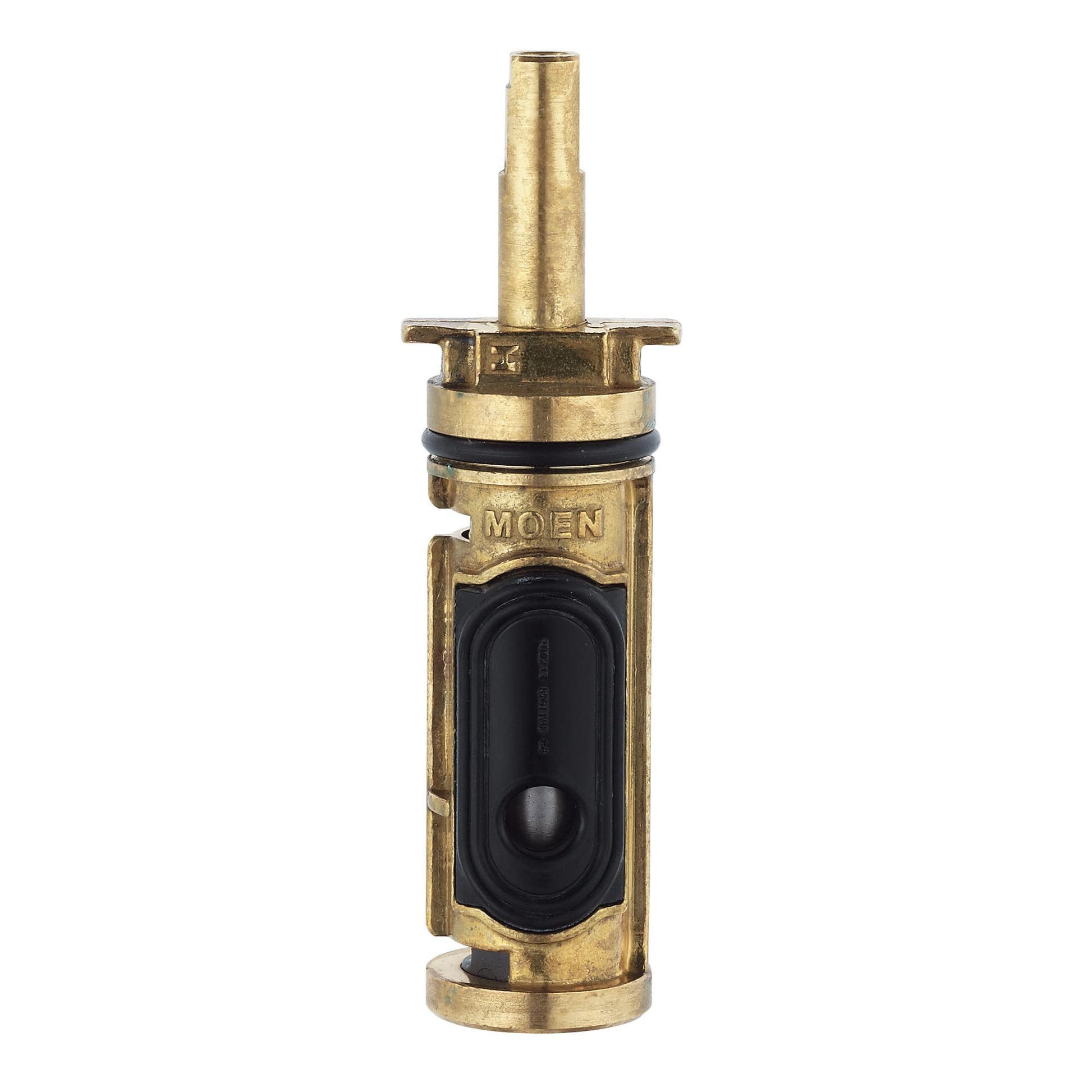 Brass faucet cartridge with black rubber seal and two mounting tabs on top.