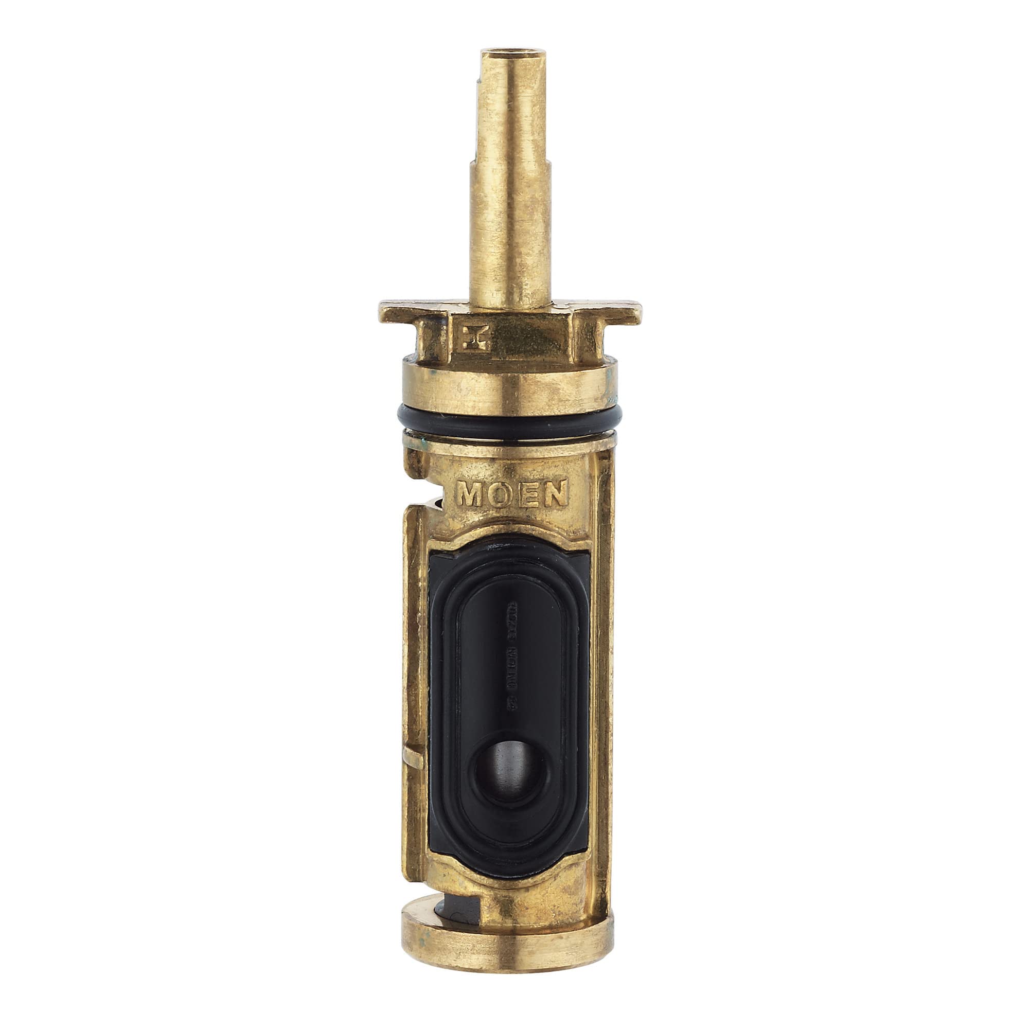 Brass faucet cartridge with black rubber seal and two mounting tabs on top.