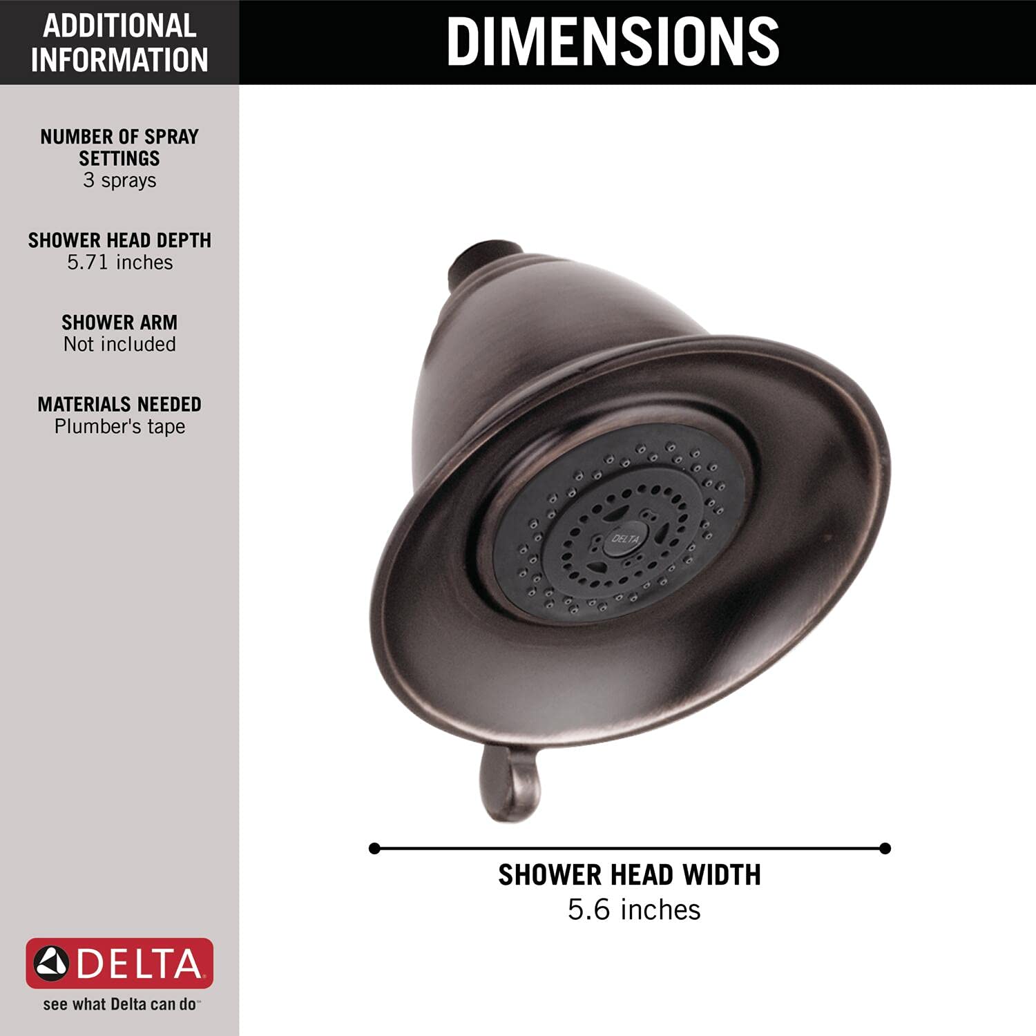 Chrome shower head with oval face, multiple spray holes, and adjustable spray settings control dial.