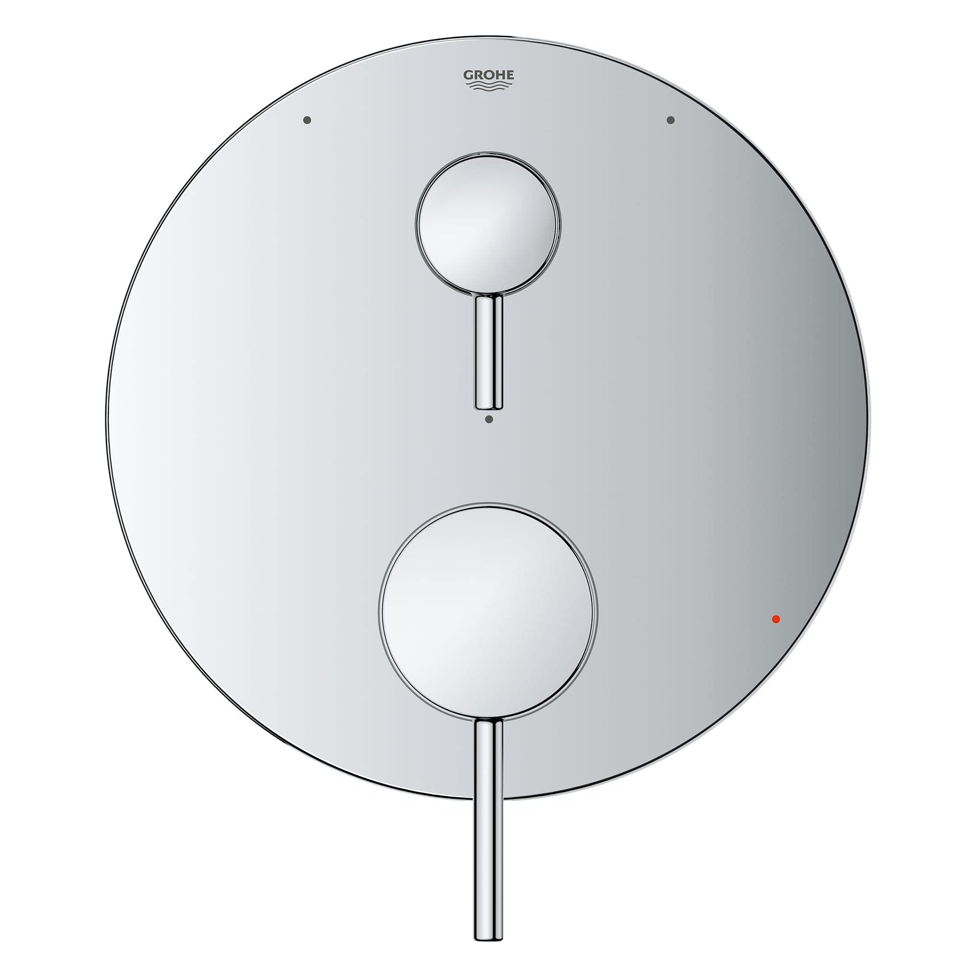 Grohe chrome circular valve trim with two round control knobs and center diverter lever on round escutcheon plate.
