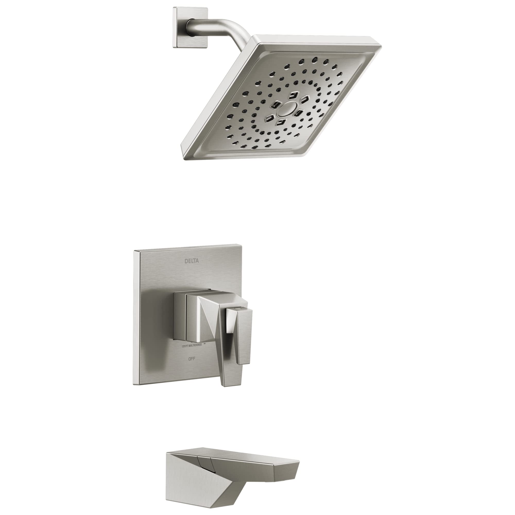Brushed nickel tub and shower trim set with square showerhead, wall-mounted valve, and tub spout.