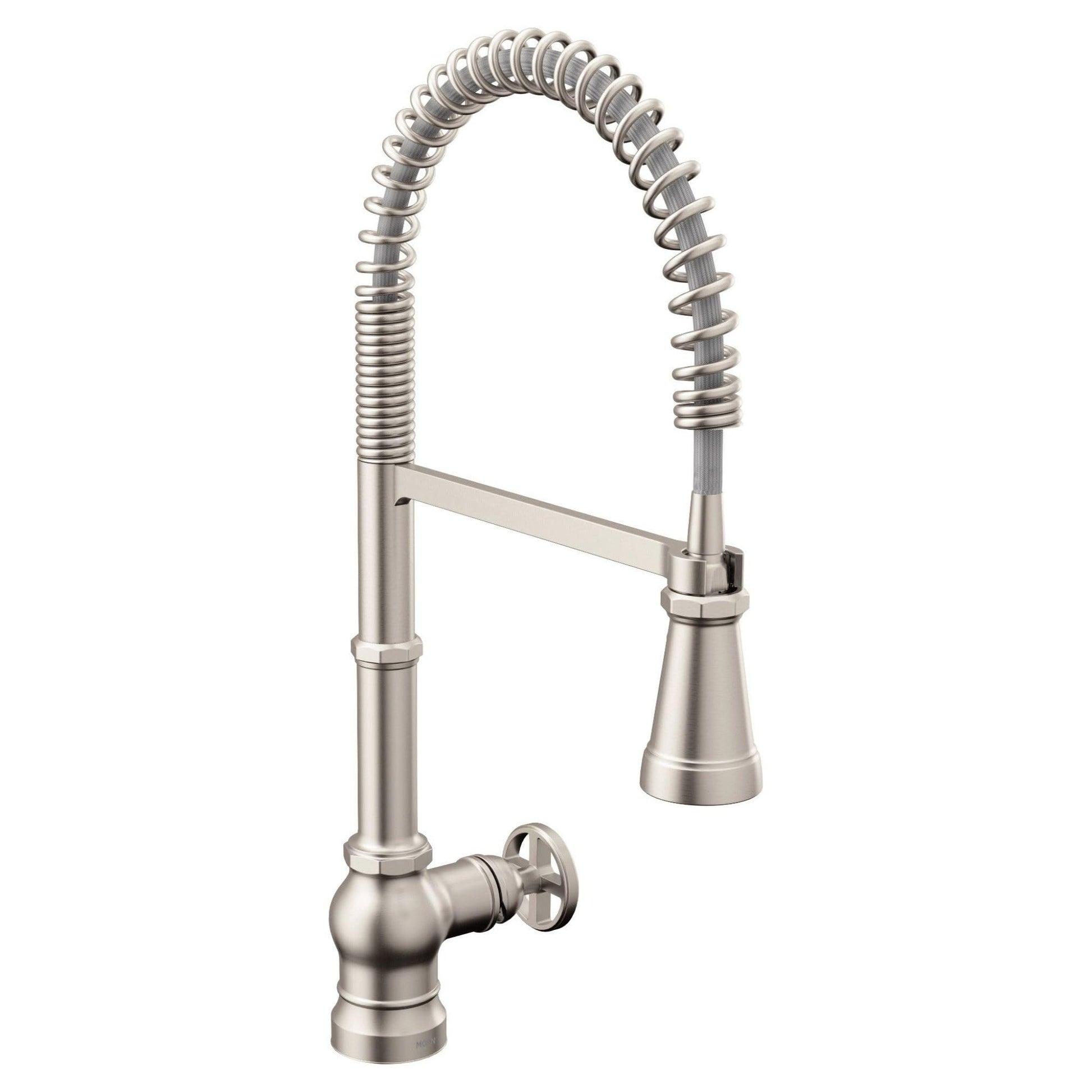 Stainless steel kitchen faucet with pull-down sprayer and coiled hose, single handle design.