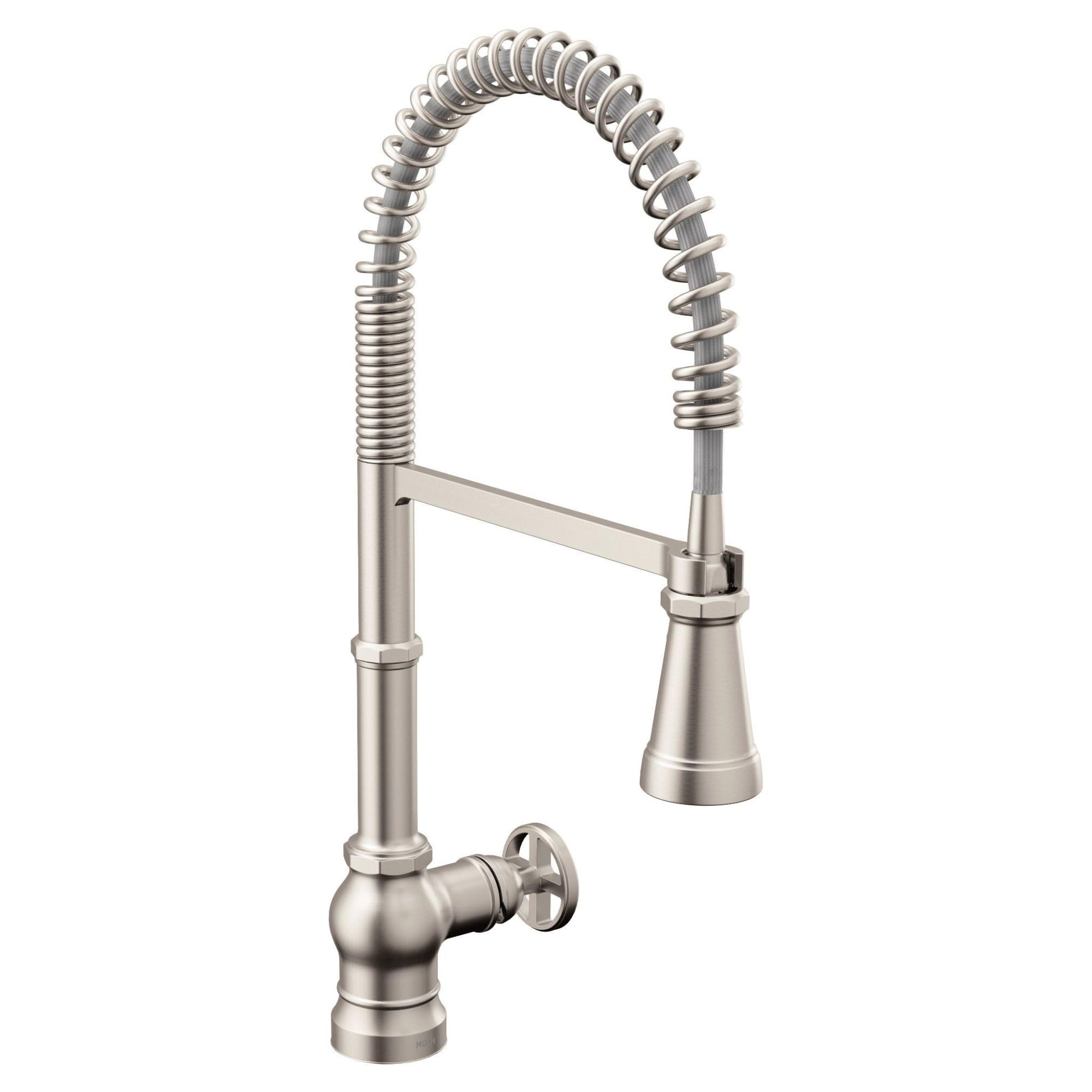 Stainless steel kitchen faucet with pull-down sprayer and coiled hose, single handle design.
