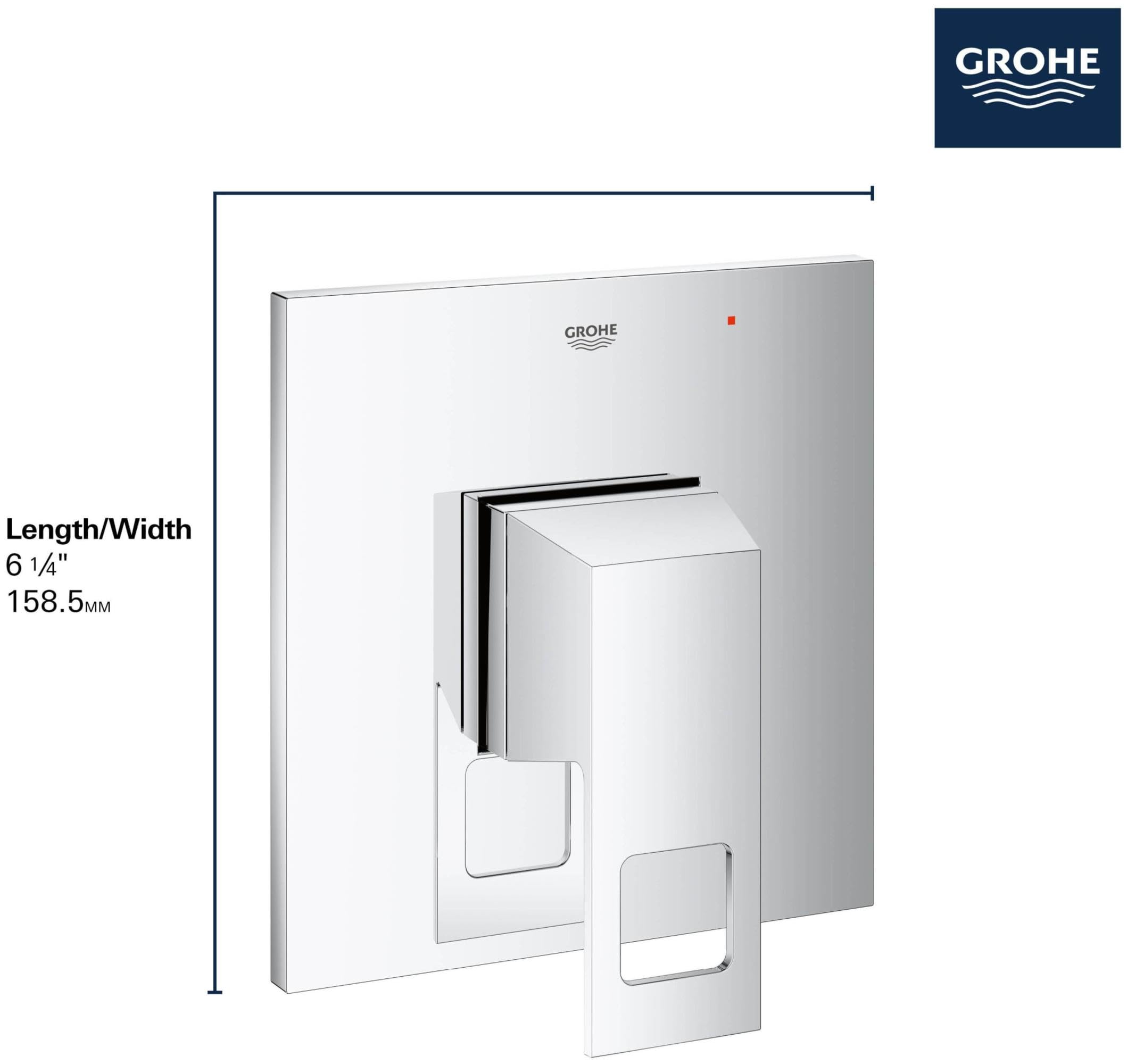 Grohe Eurocube pressure balance valve trim with square handle and cartridge in matte black finish.