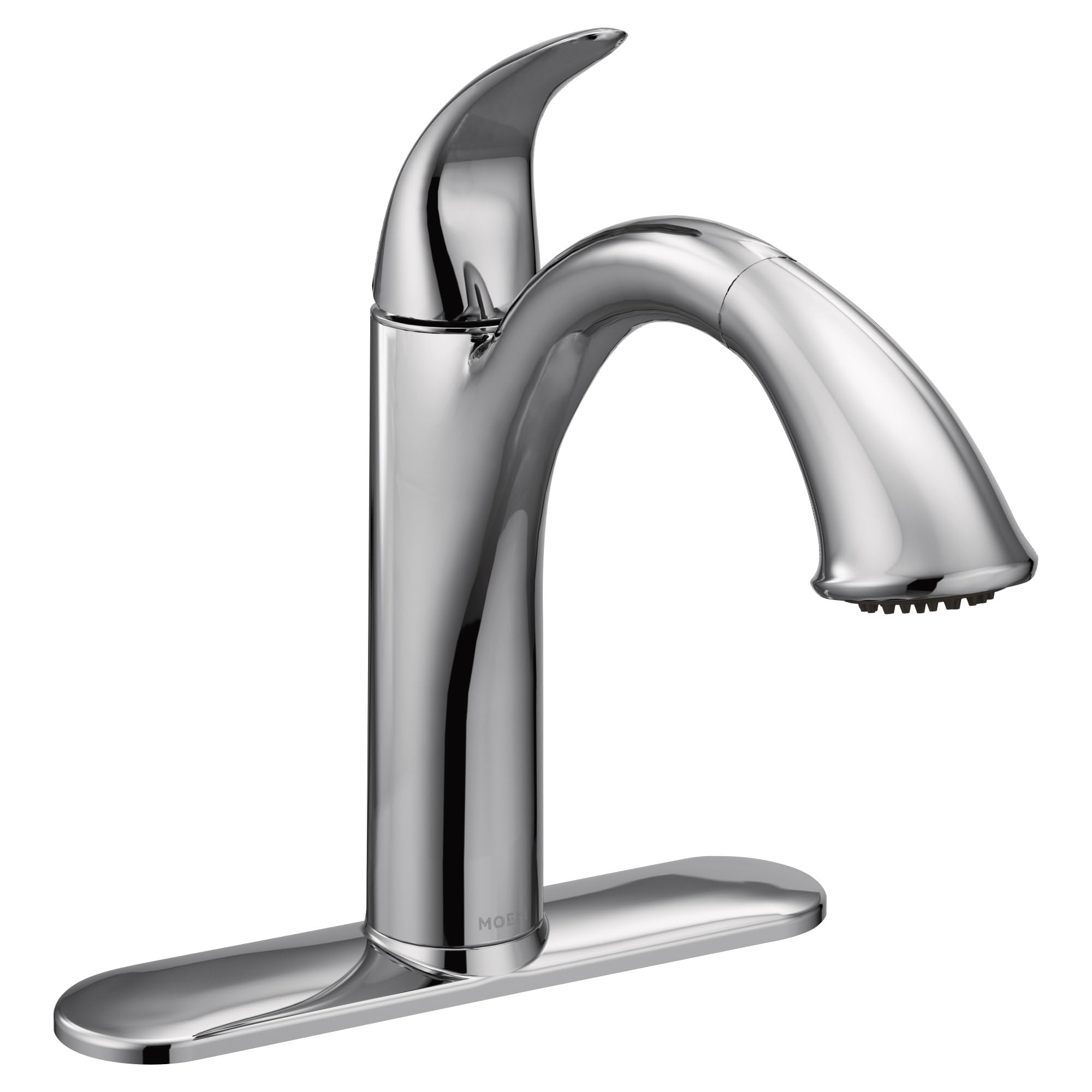 Chrome kitchen faucet with curved spout, single handle, and pull-out spray head on oval base.