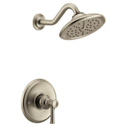 Brushed nickel shower trim with single handle lever control, curved arm, and round showerhead with spray pattern.