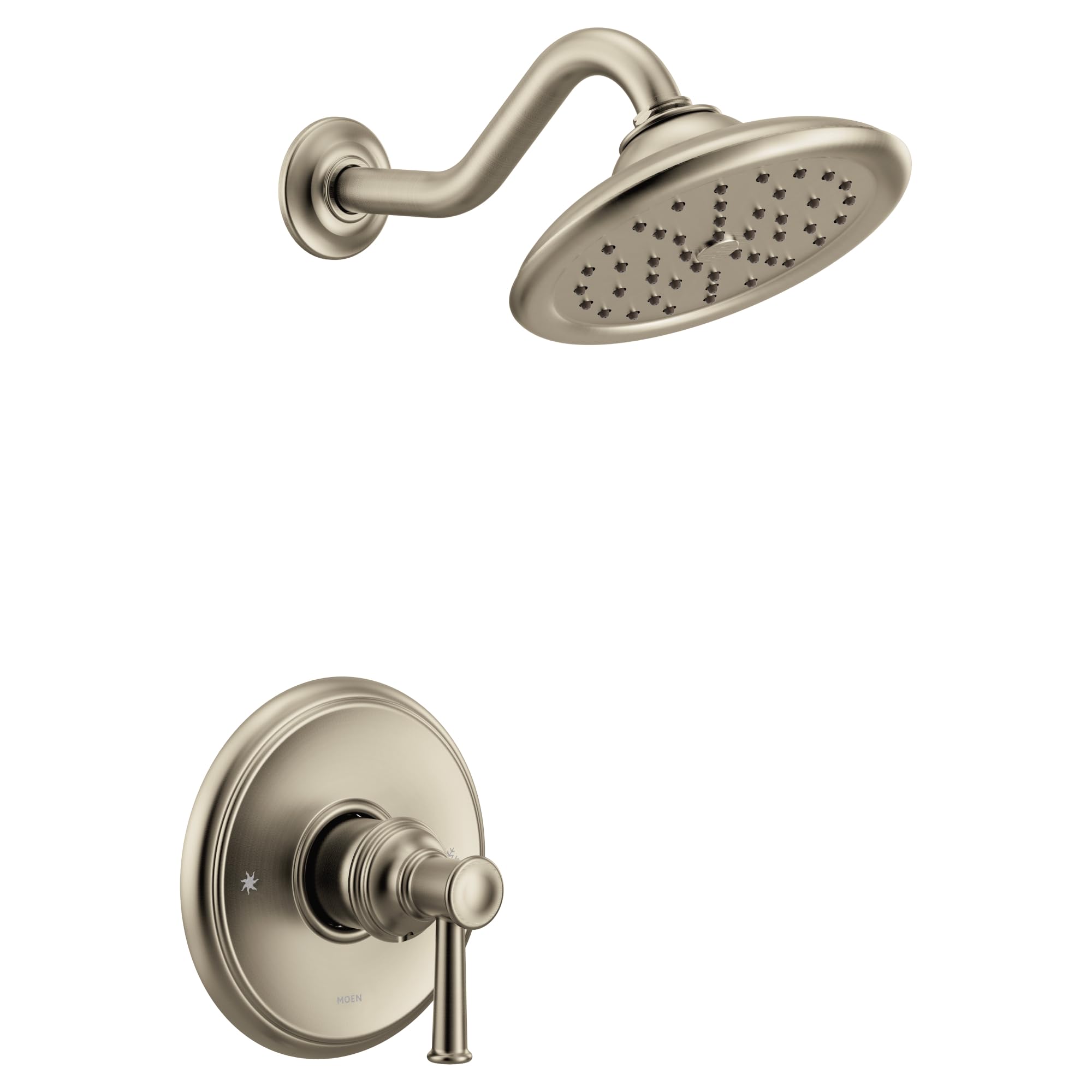 Brushed nickel shower trim with single handle lever control, curved arm, and round showerhead with spray pattern.
