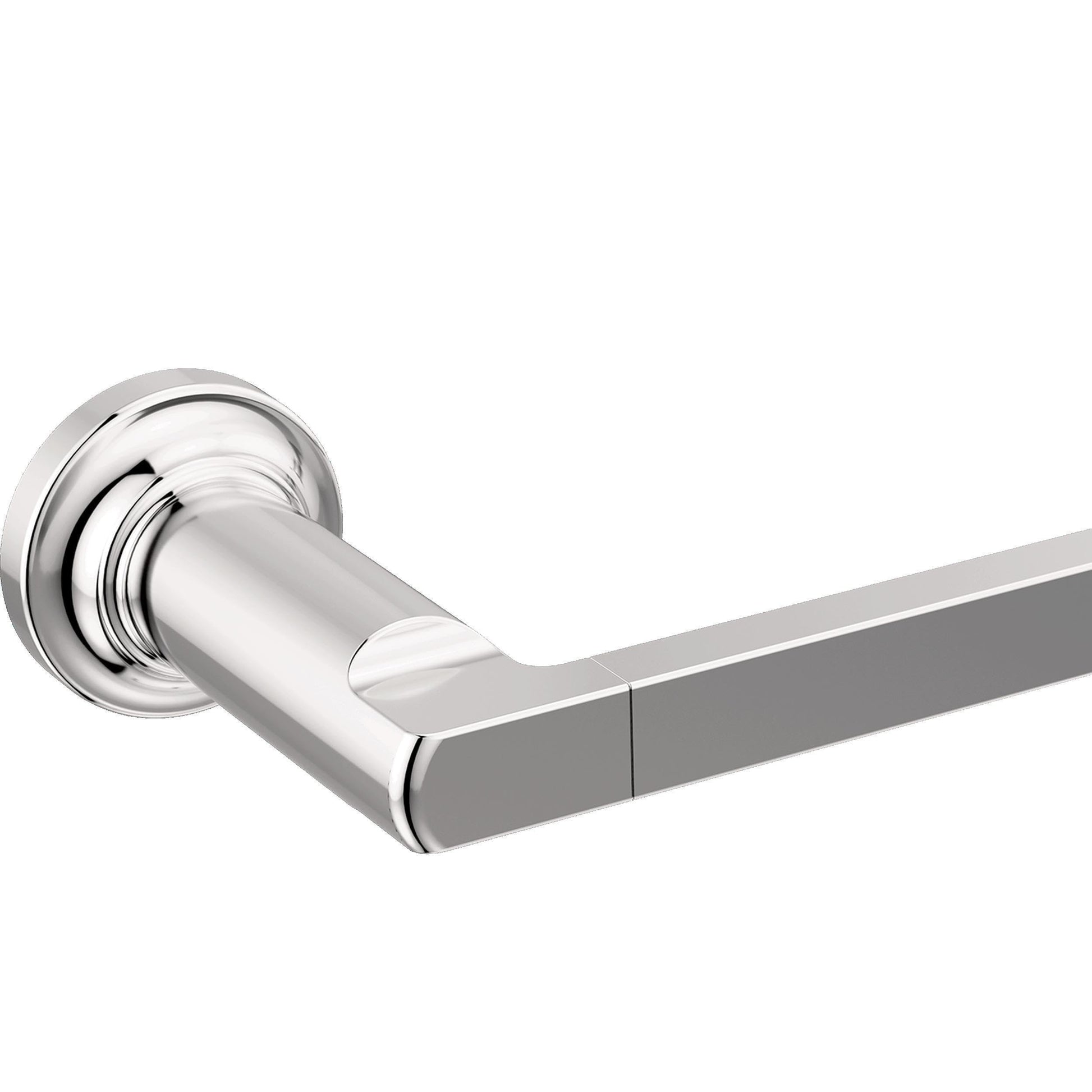 Chrome towel bar with cylindrical center support and extended rectangular arms mounted on circular wall plate.