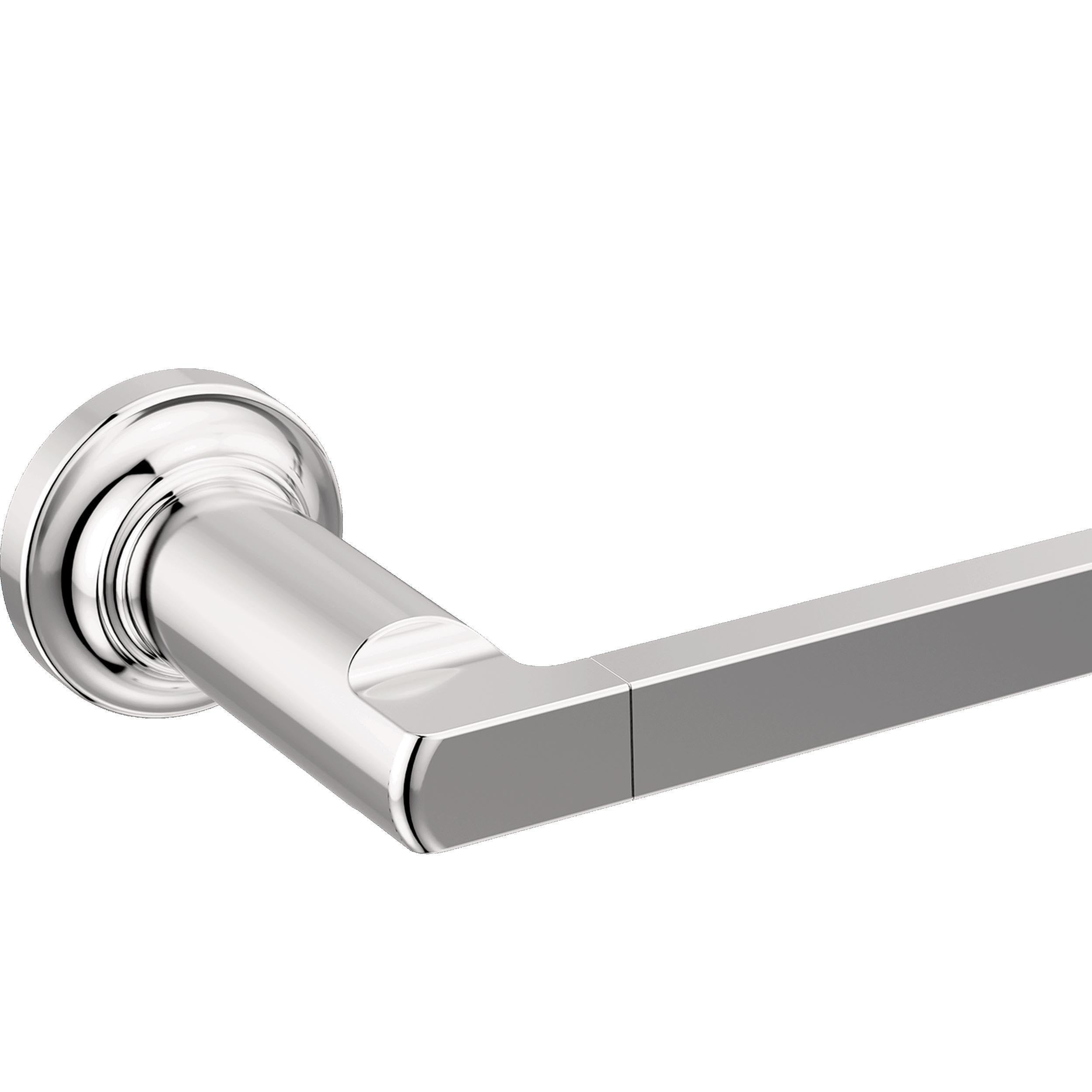 Chrome towel bar with cylindrical center support and extended rectangular arms mounted on circular wall plate.