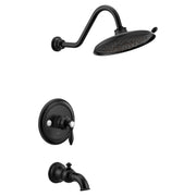 Matte black tub and shower trim kit with curved showerhead, wall-mounted valve, and tub spout.