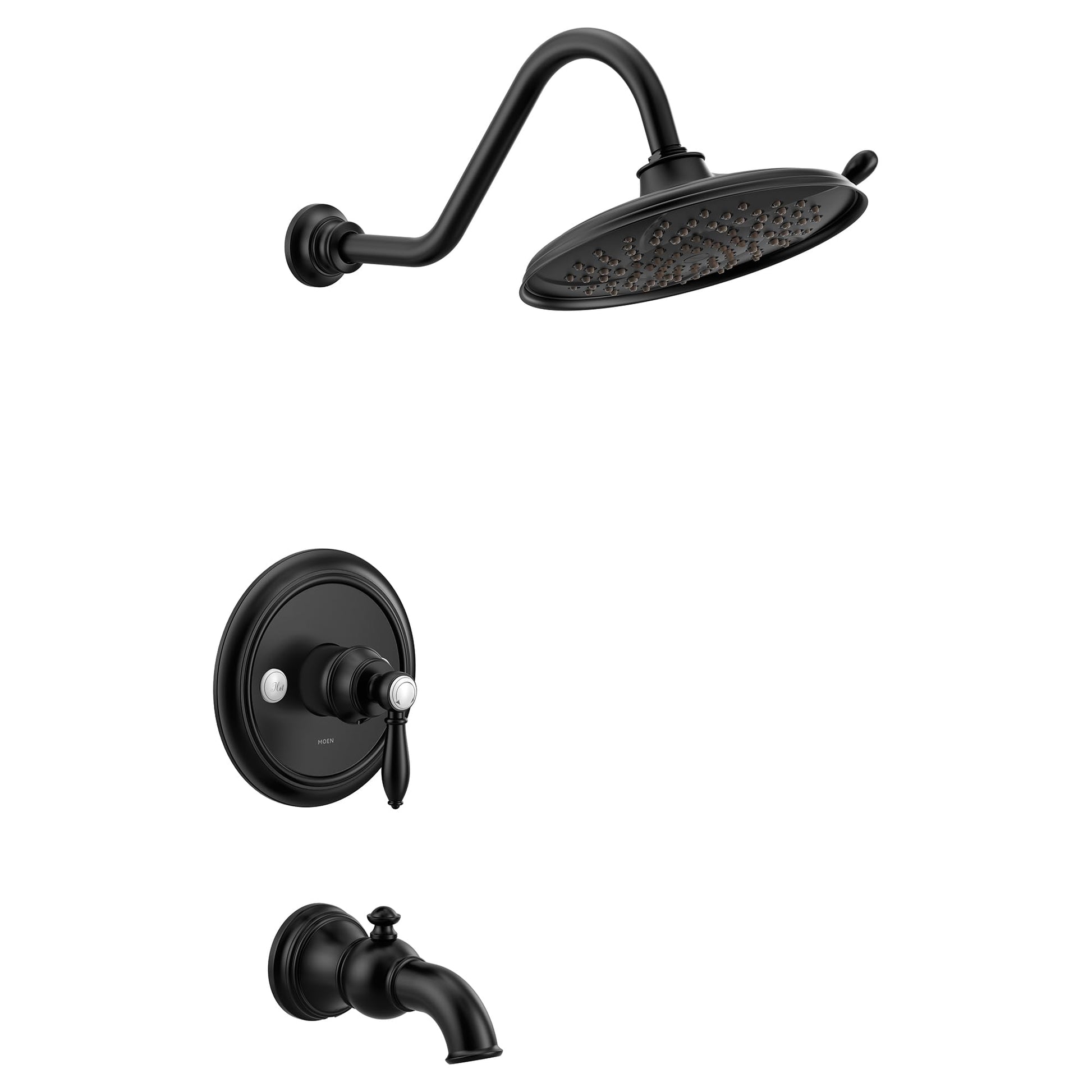 Matte black tub and shower trim kit with curved showerhead, wall-mounted valve, and tub spout.