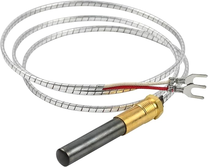 Metal thermopile generator with braided sheath, brass connector, and red and silver terminal wires coiled.