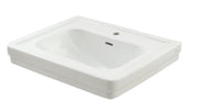 White rectangular ceramic bathroom sink with single faucet hole and overflow drain.