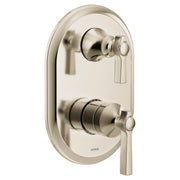 Polished nickel shower trim with oval escutcheon, two lever handles, and integrated transfer valve.